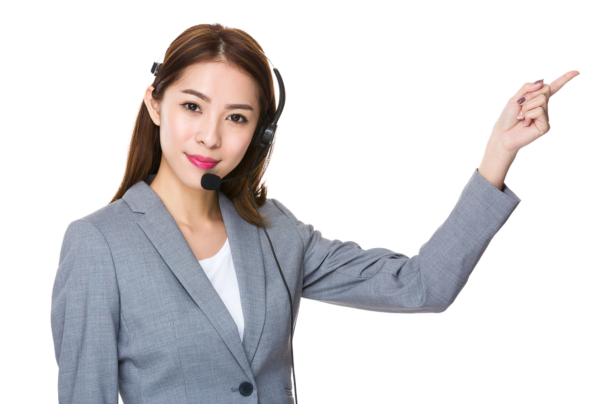 戴着耳机用手指指向上的女性用手指向上指客户服务助理