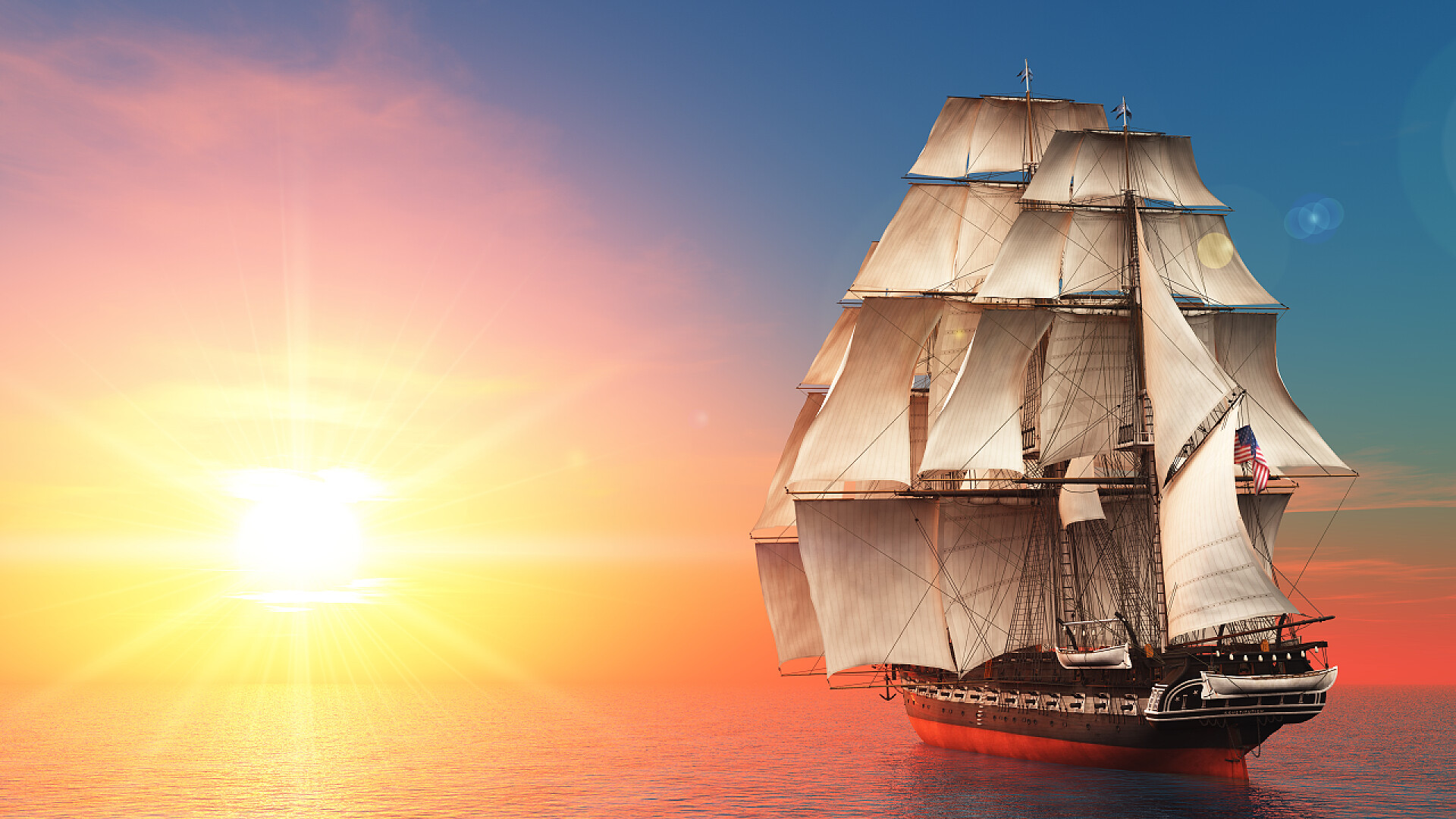 夕阳下海上的一艘轮船帆船