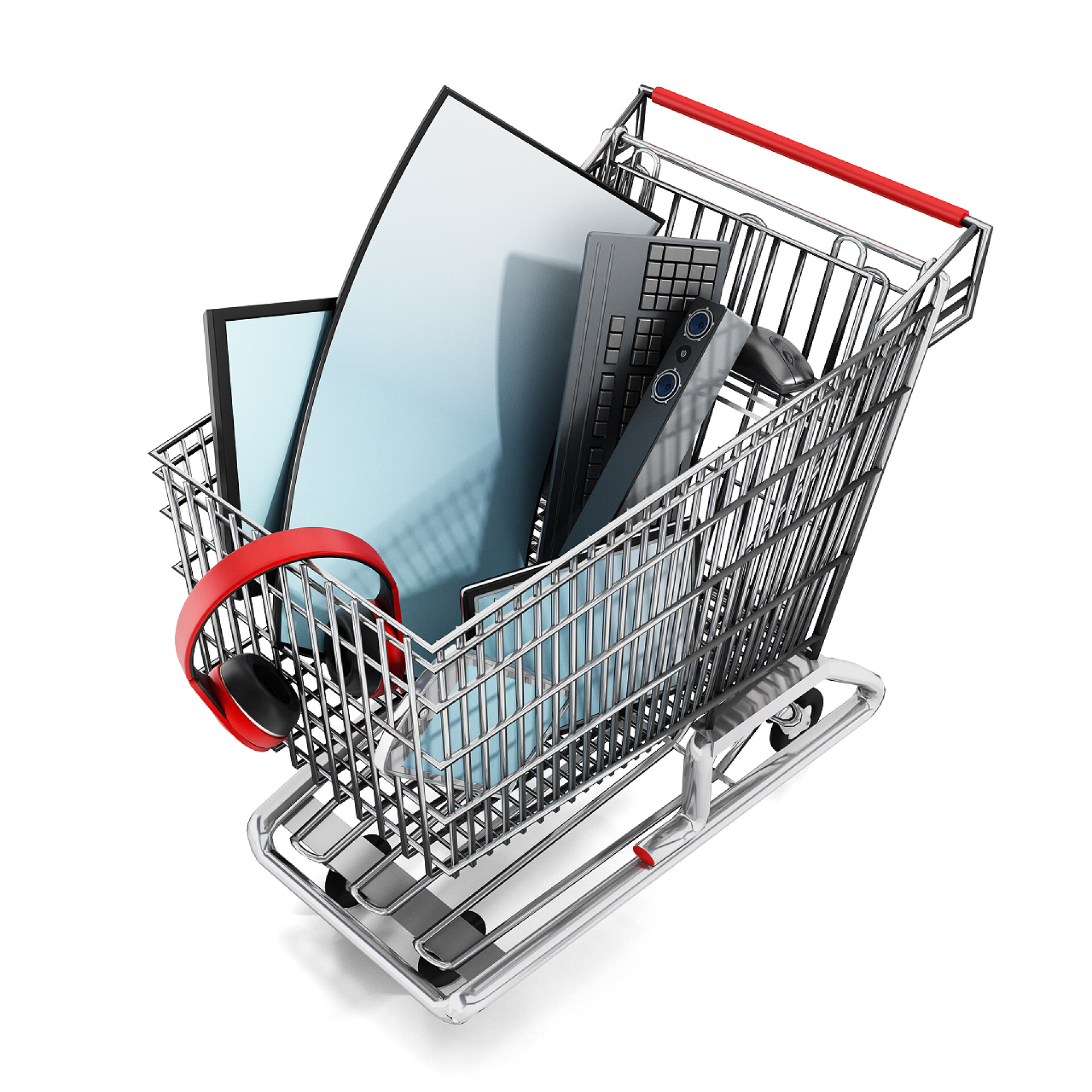 白色背景上购物车的电子产品购物车内的电子设备