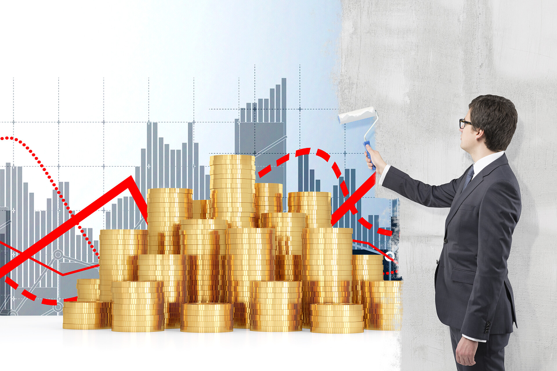 金融理财金融投资理财年轻的商人在白墙上画着灰色的条形图和红色的图表