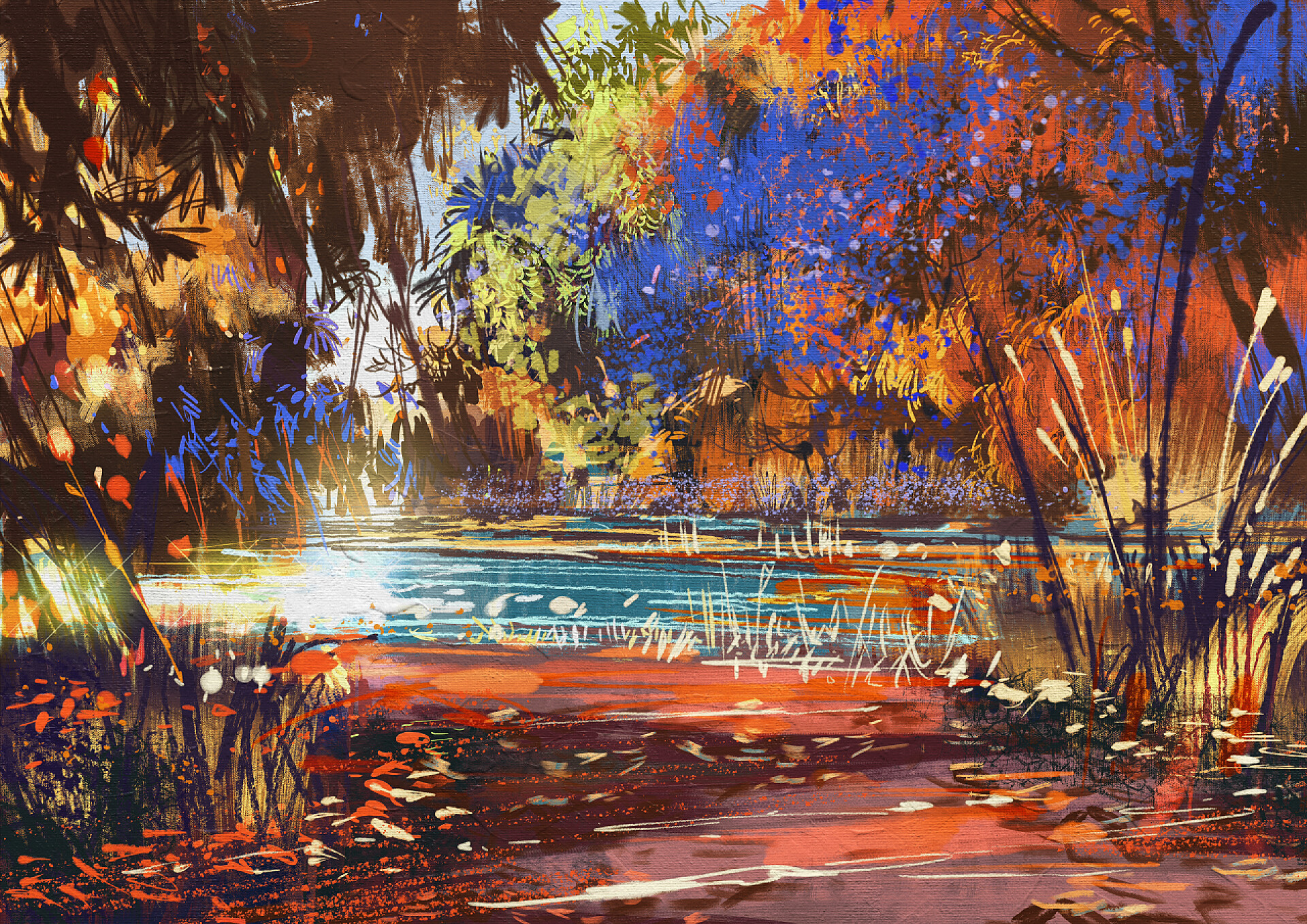 美丽的秋景绘画美丽的秋天风景，用鲜花和湖