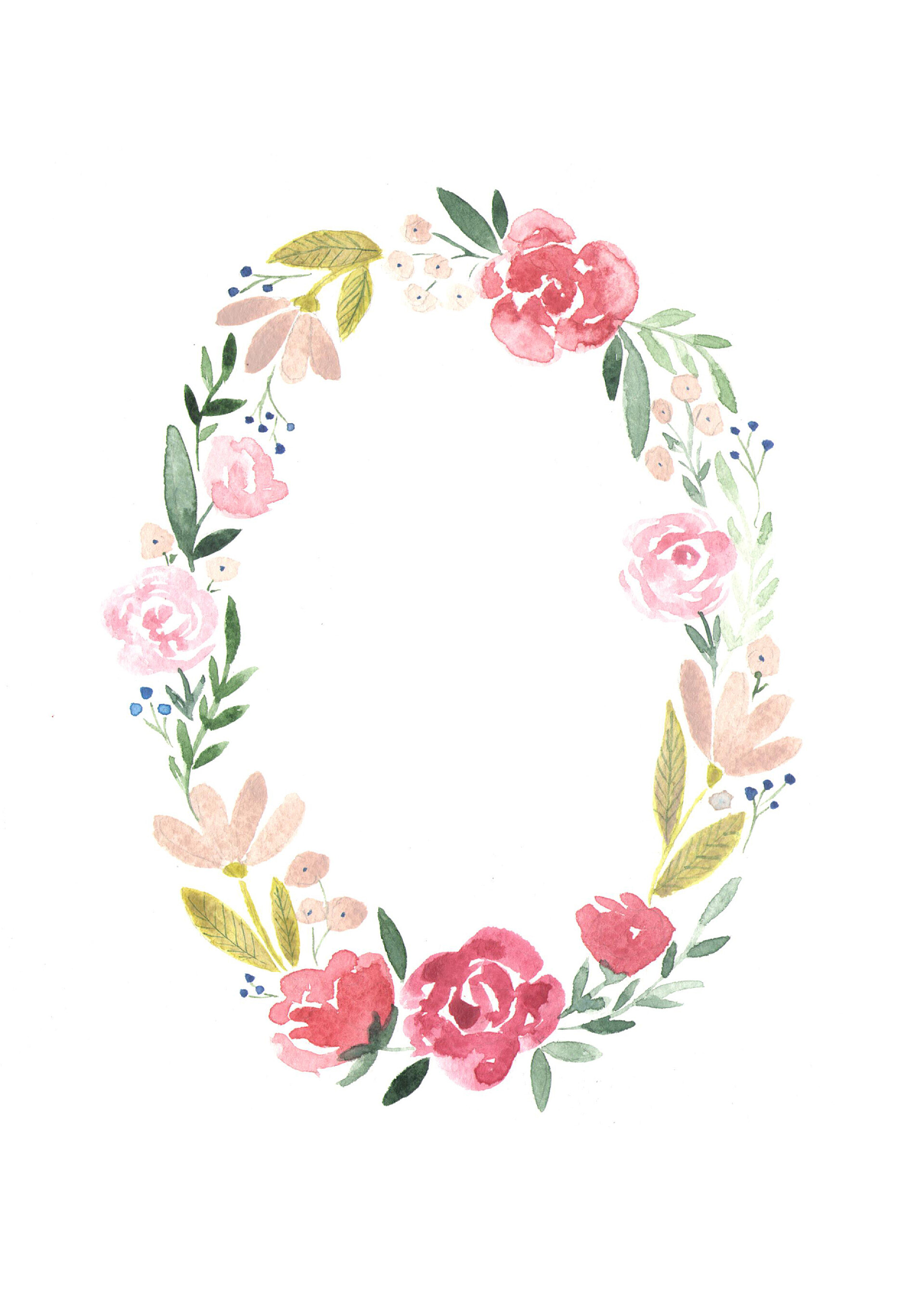 涂水白色背景上的手绘水彩花环涂上水彩的花环  