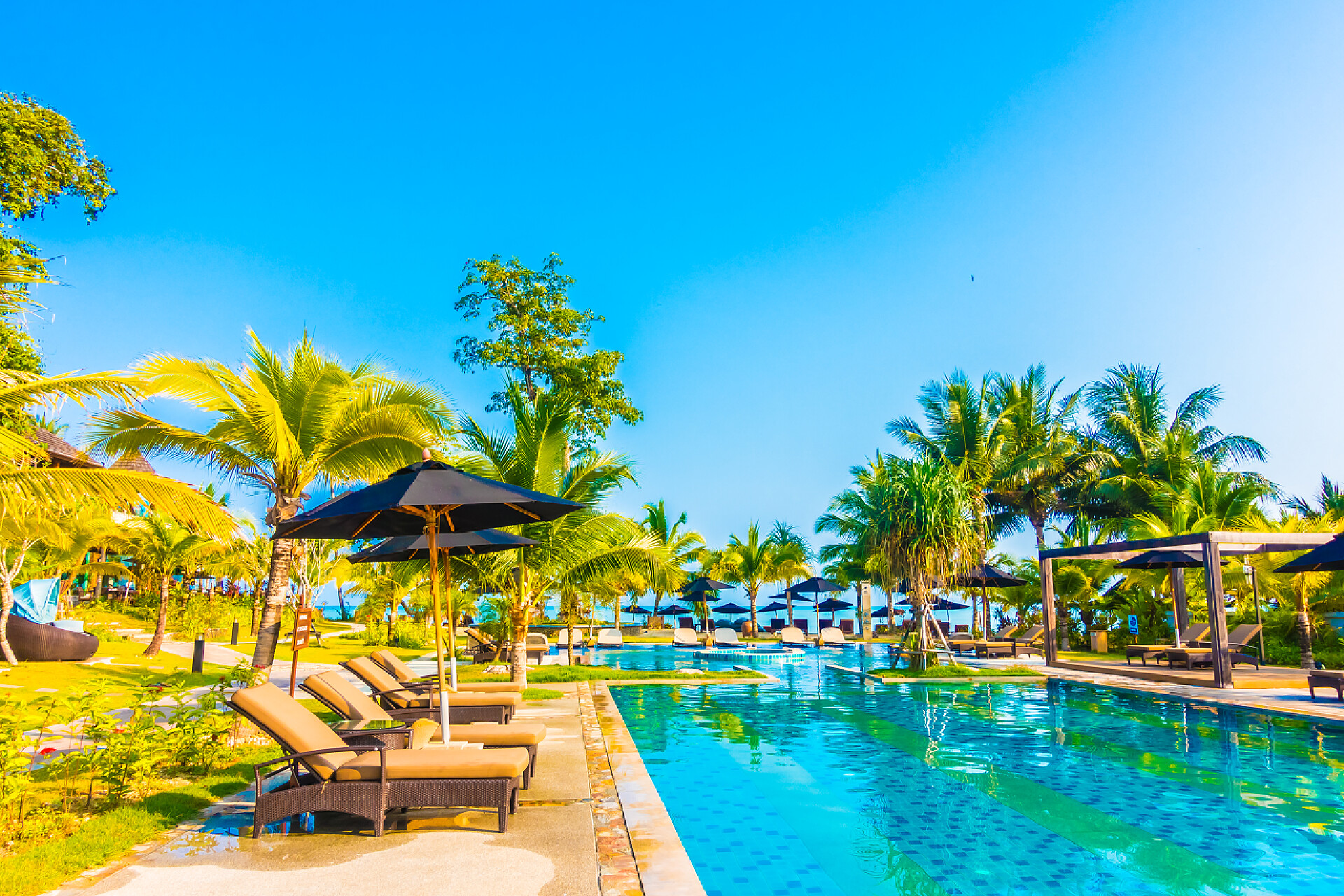 远景拍摄酒店里的豪华室外游泳池在酒店的室外游泳池