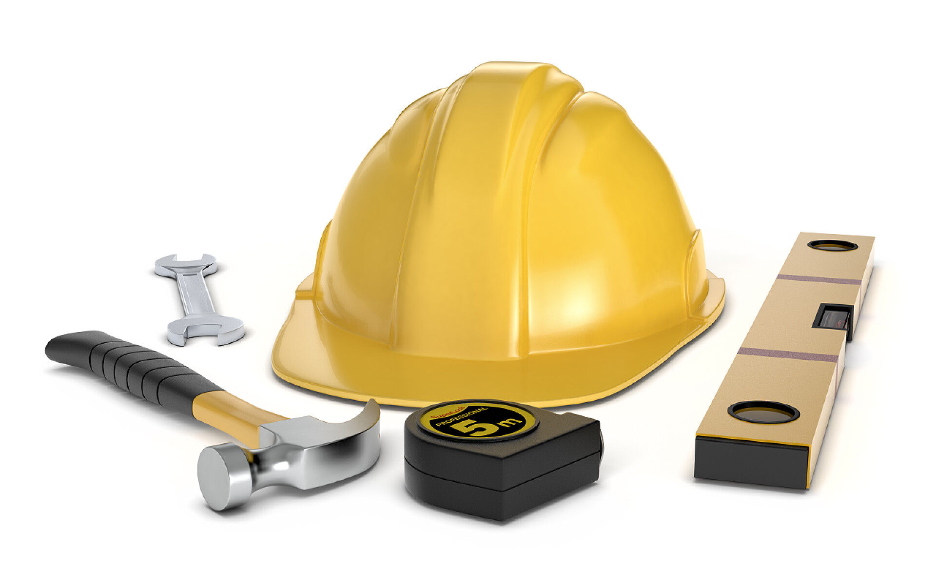 在白色背景上的头盔和工具五金工具和安全头盔