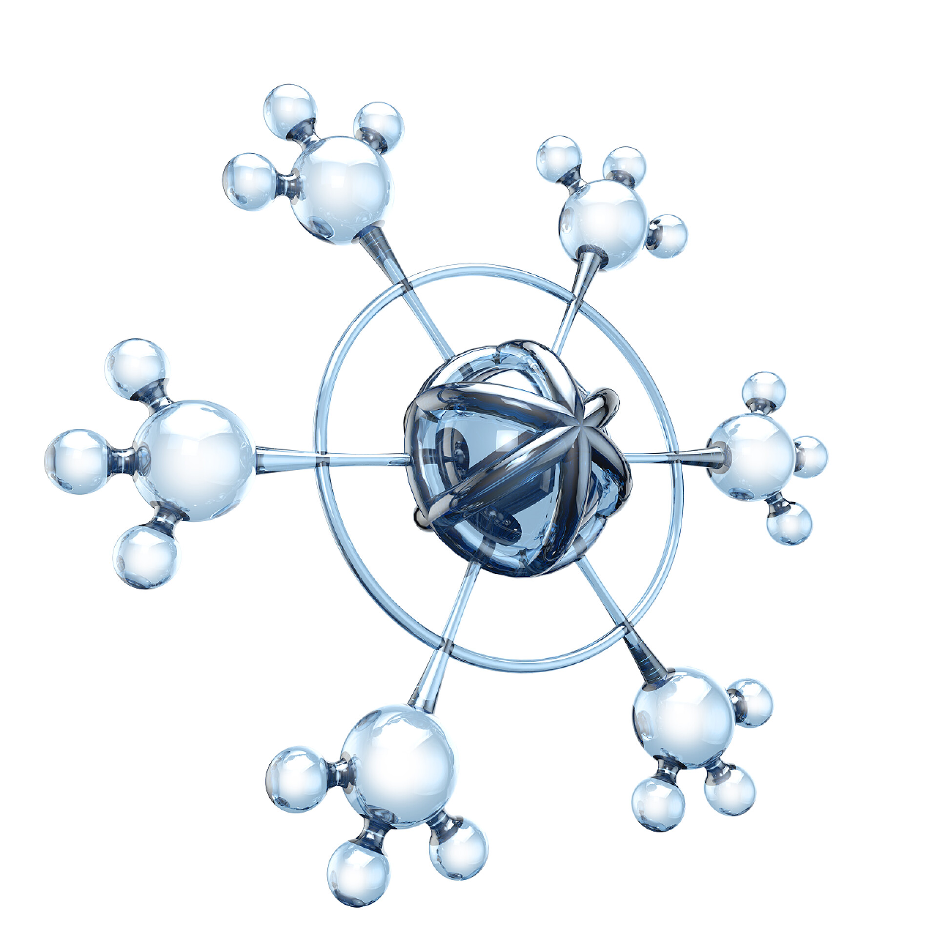白色背景上的透明玻璃模型分子有光泽的透明分子