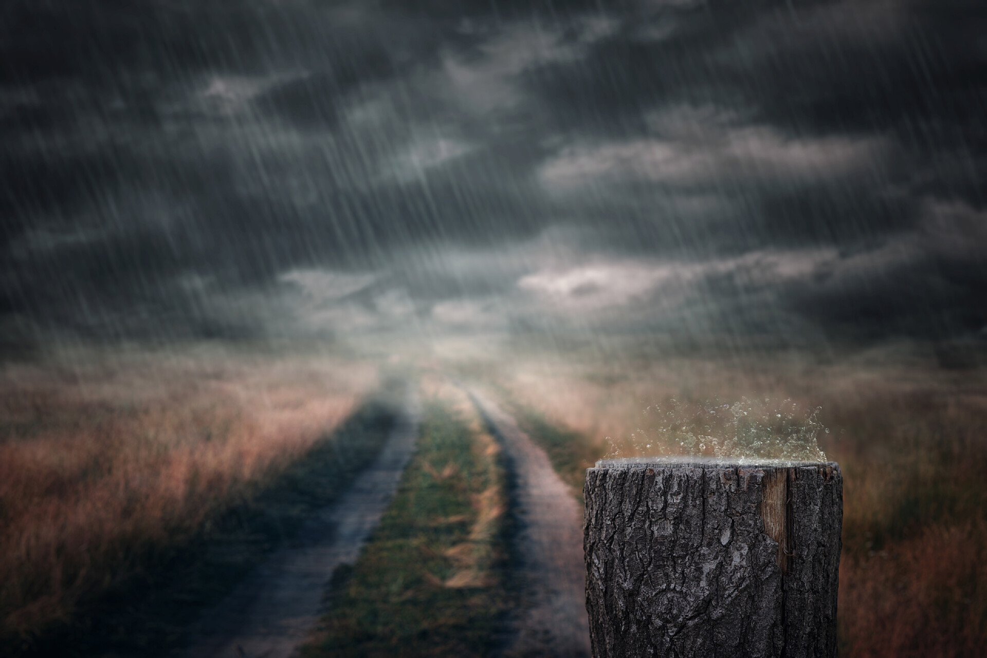 下雨天的树桩和路下雨天和树桩