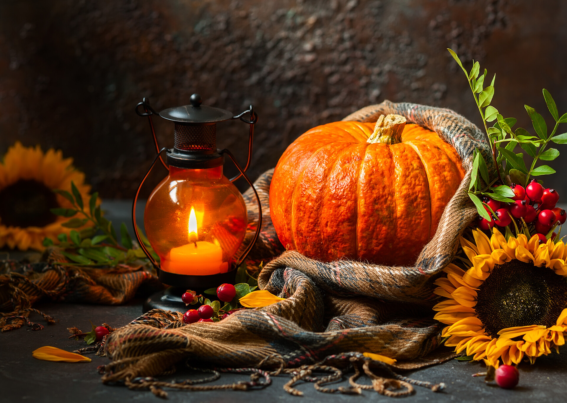 南瓜向日葵和蜡烛的布景秋季静物与南瓜、 玉米棒子和浆果