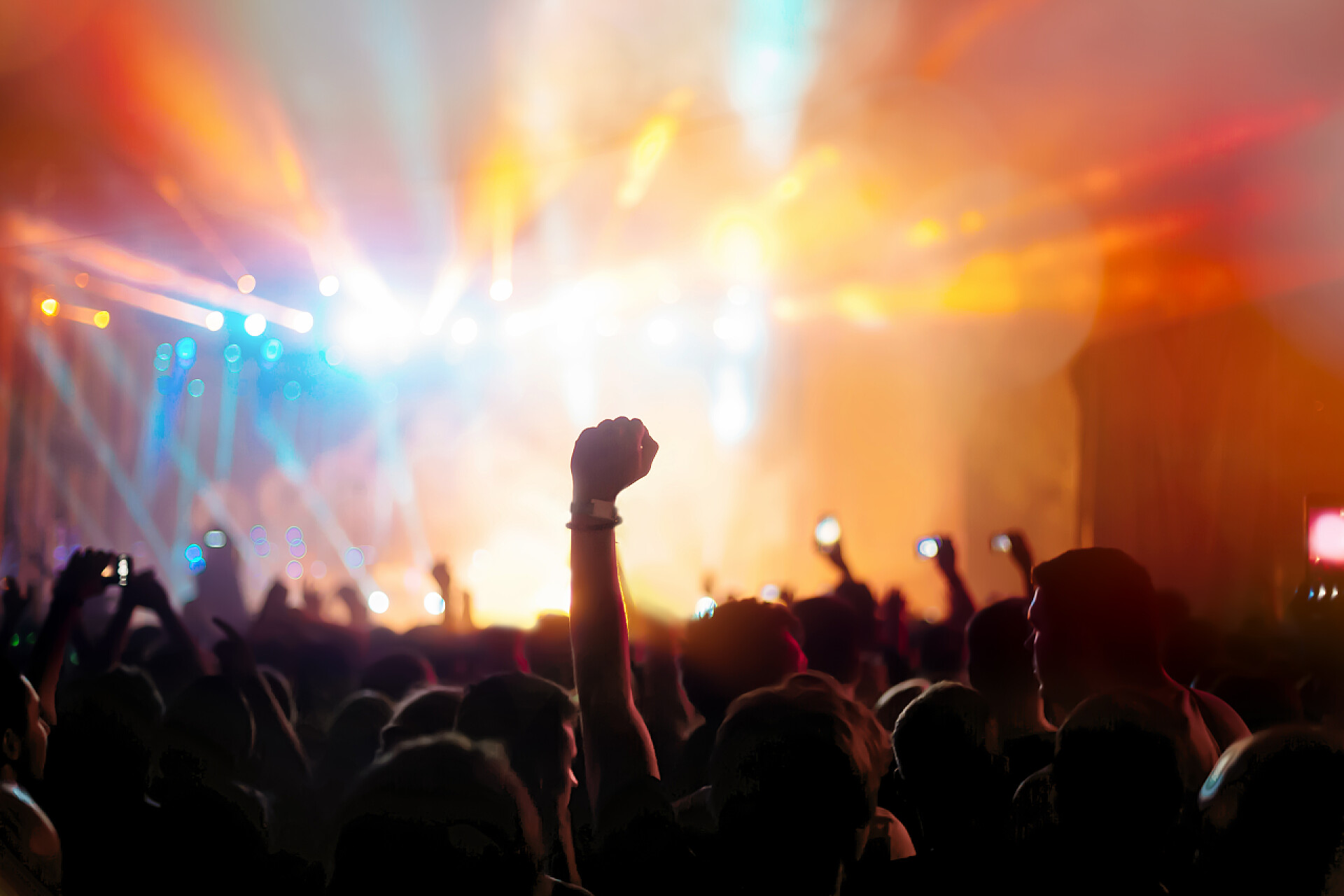 演唱会上欢呼的快乐年轻人剪影人群享受节日