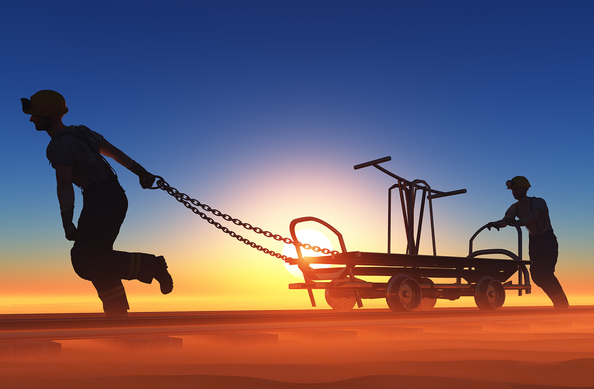 拉运货物的两个矿工 矿工...，3d 渲染