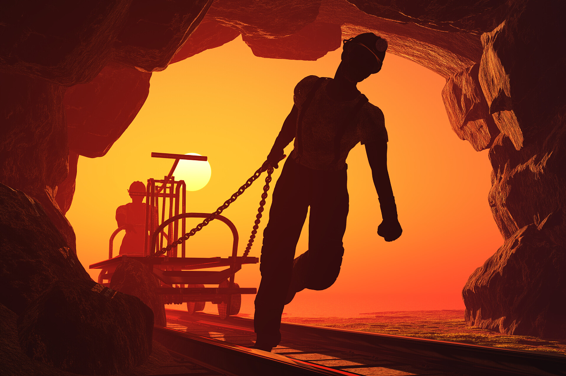 在山洞里用拉车托运货物 3d 渲染的矿工。