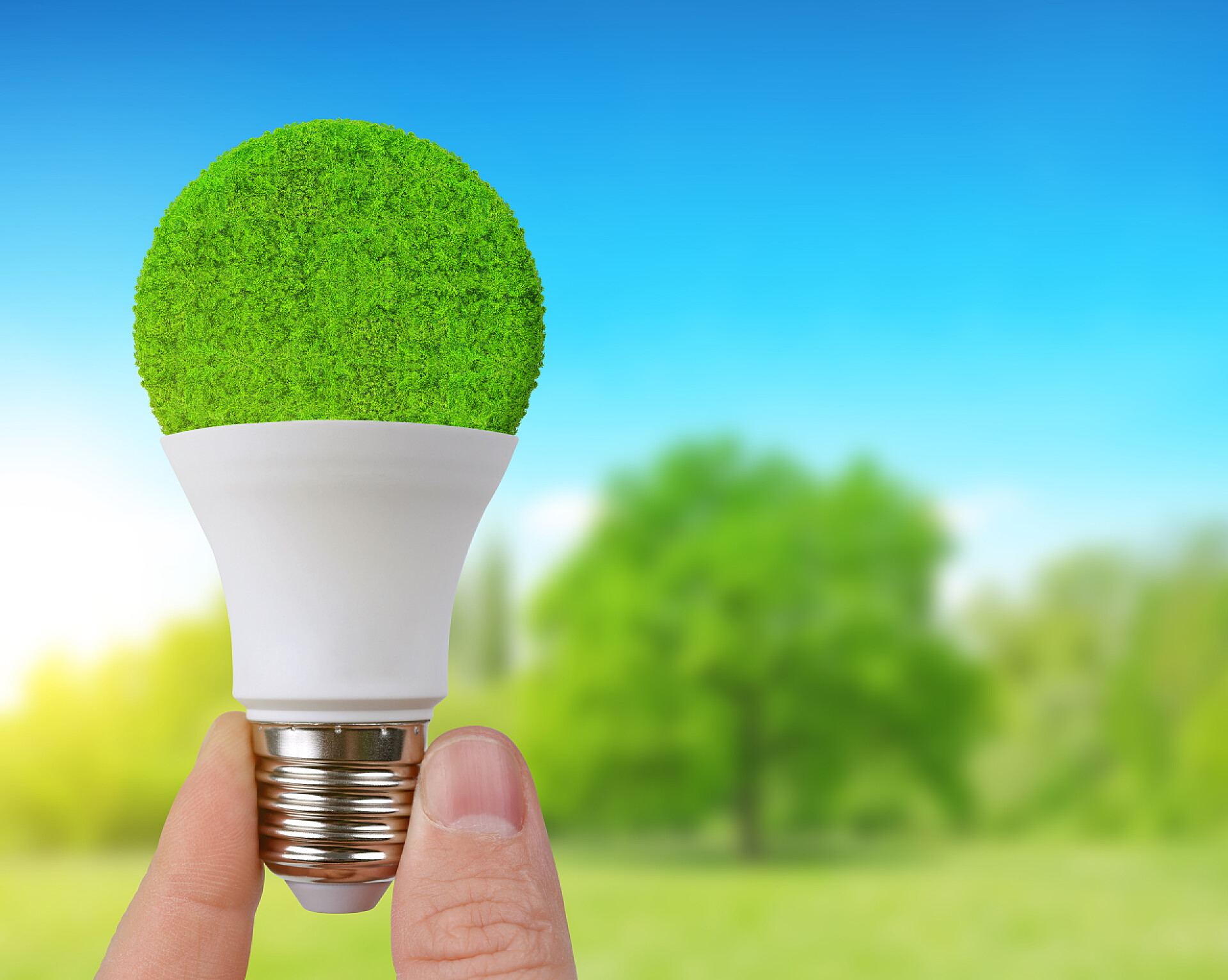 节能宣传蓝天白云下手中的节能灯泡生态导致灯泡在手.