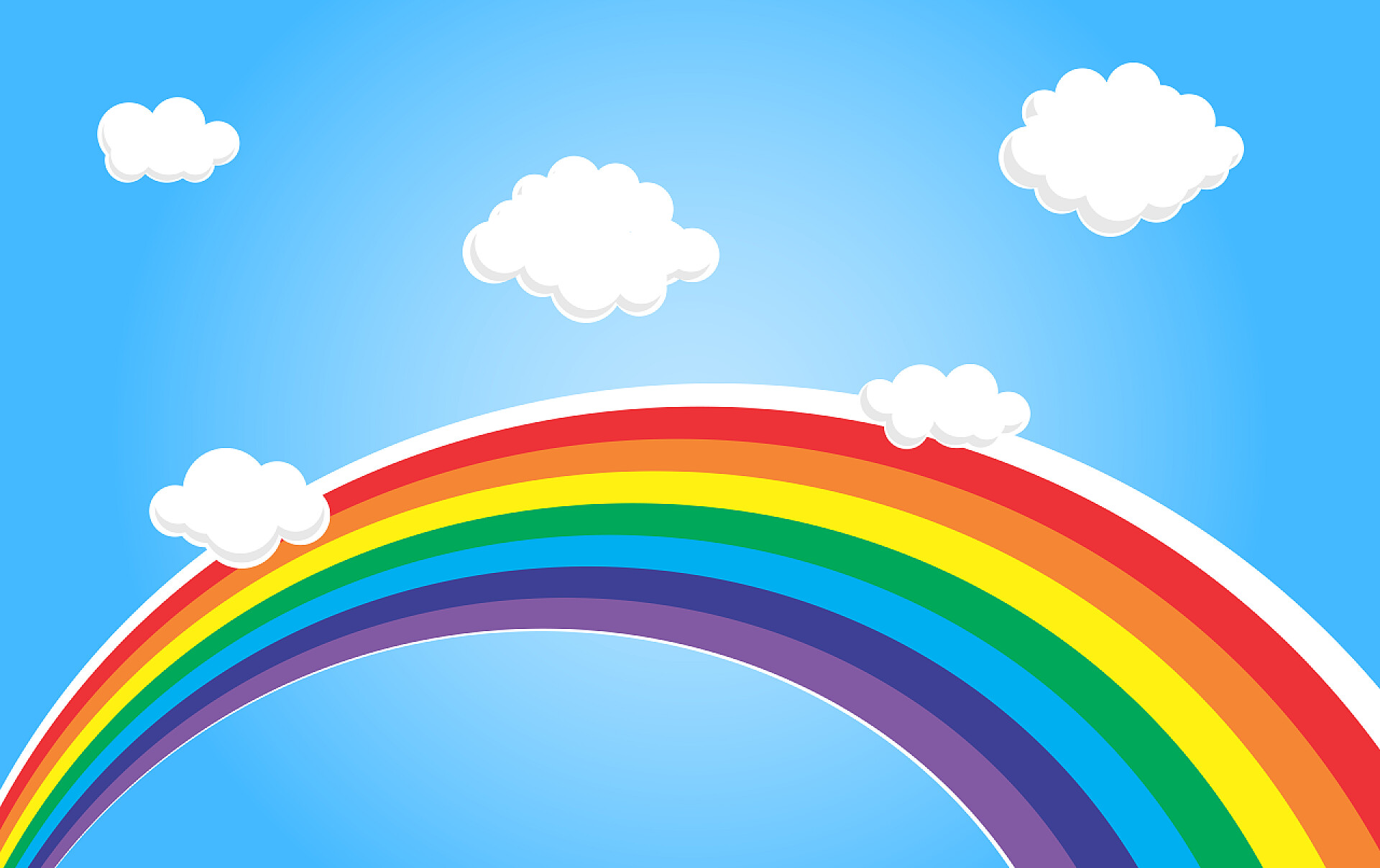 蓝色背景上的白云和彩虹彩虹和云彩