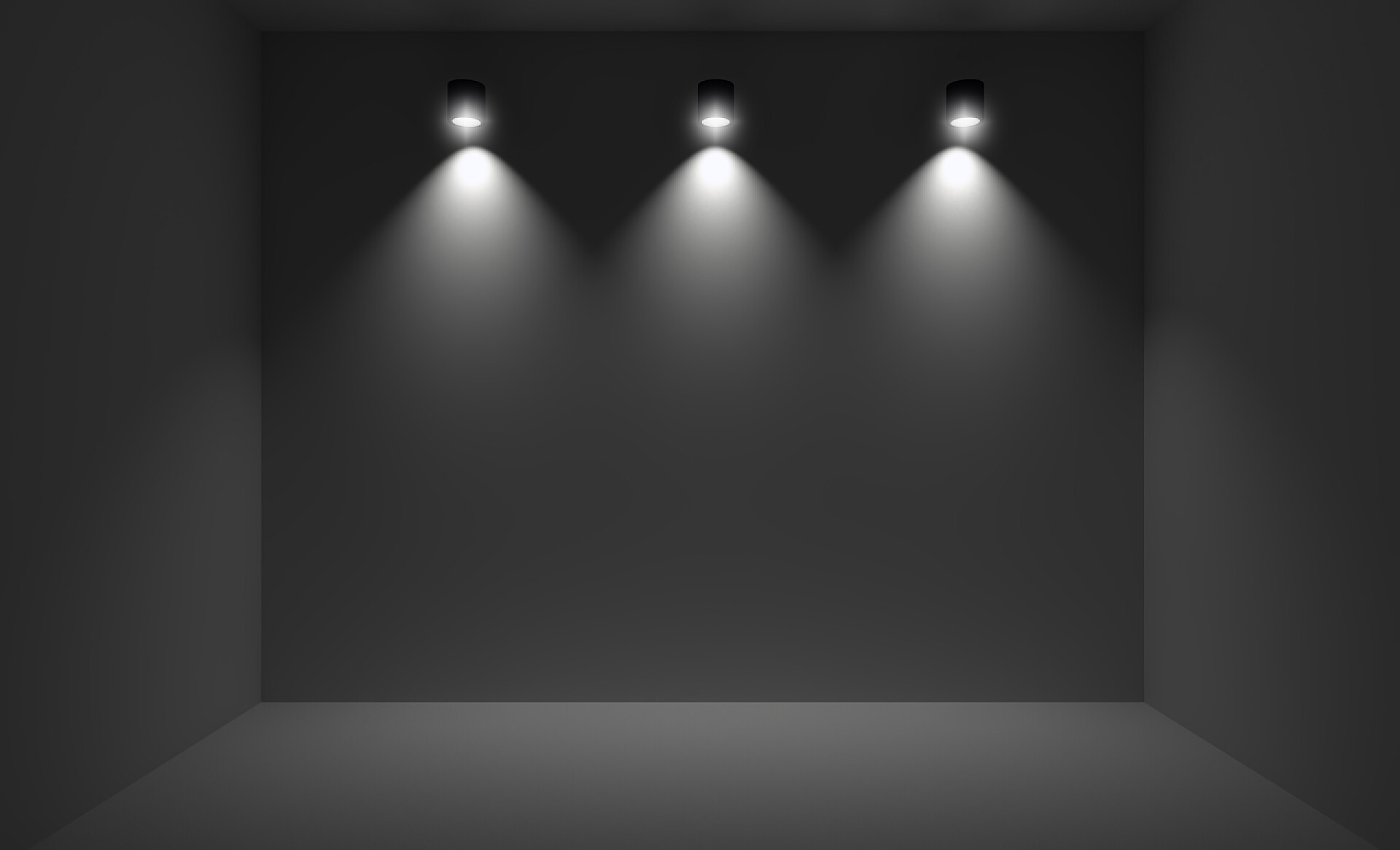 黑色墙面上的三个聚光灯与三个聚光灯照亮的小房间. 