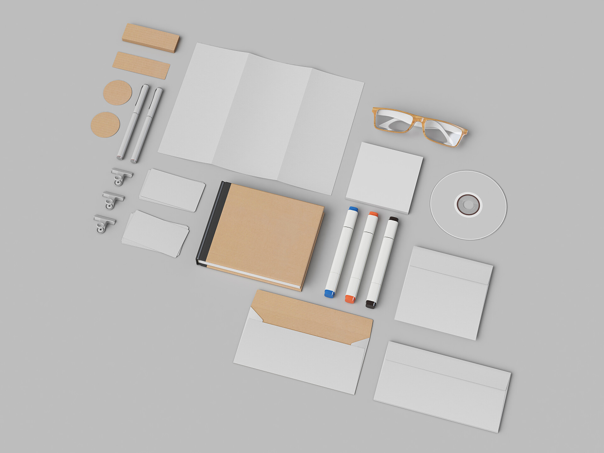 灰色背景上的办公用品企业的形象。品牌上的模拟。办公用品、 小玩意。3d 图