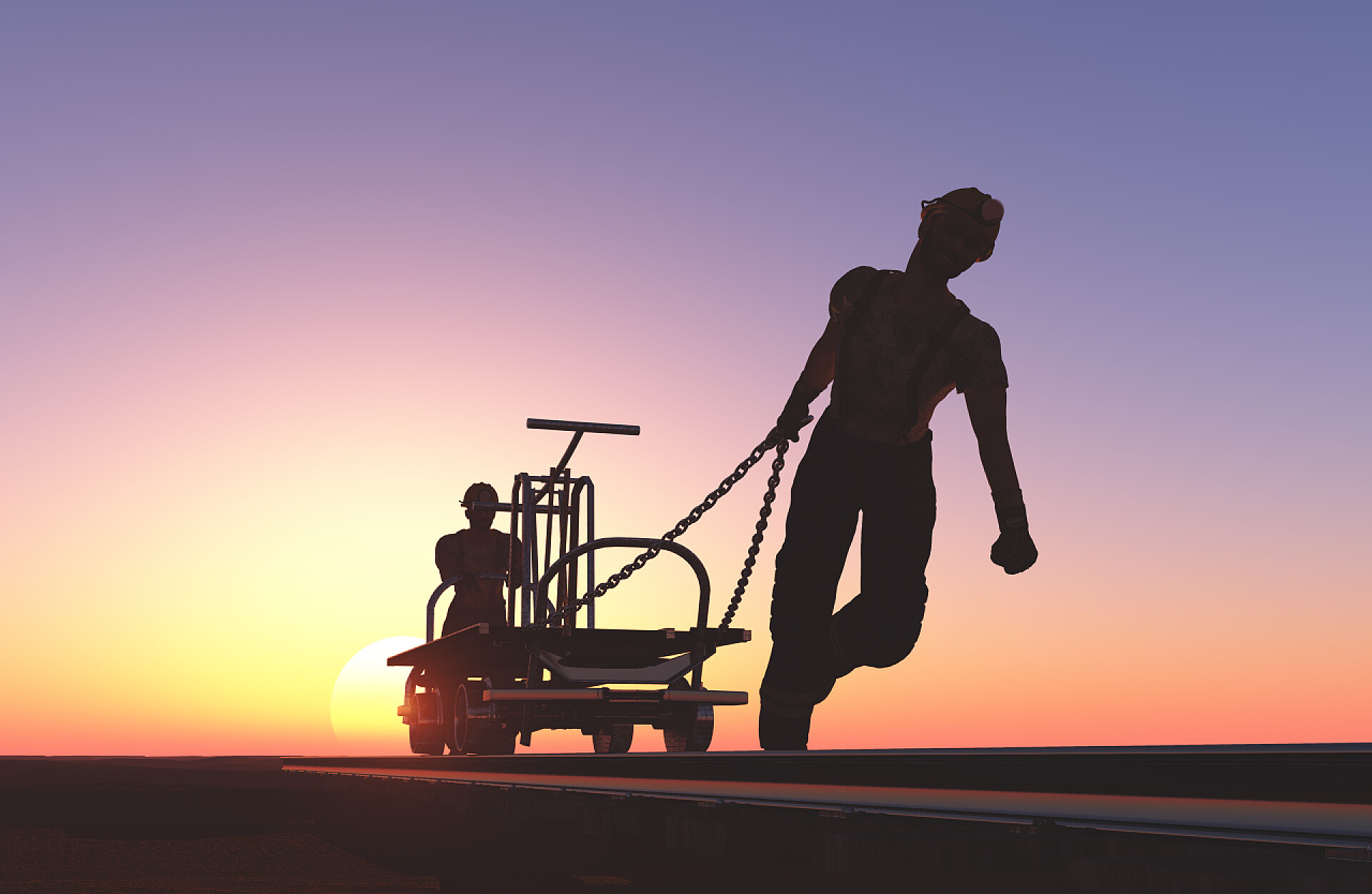 傍晚时分努力工作的人 矿工们。3d 渲染