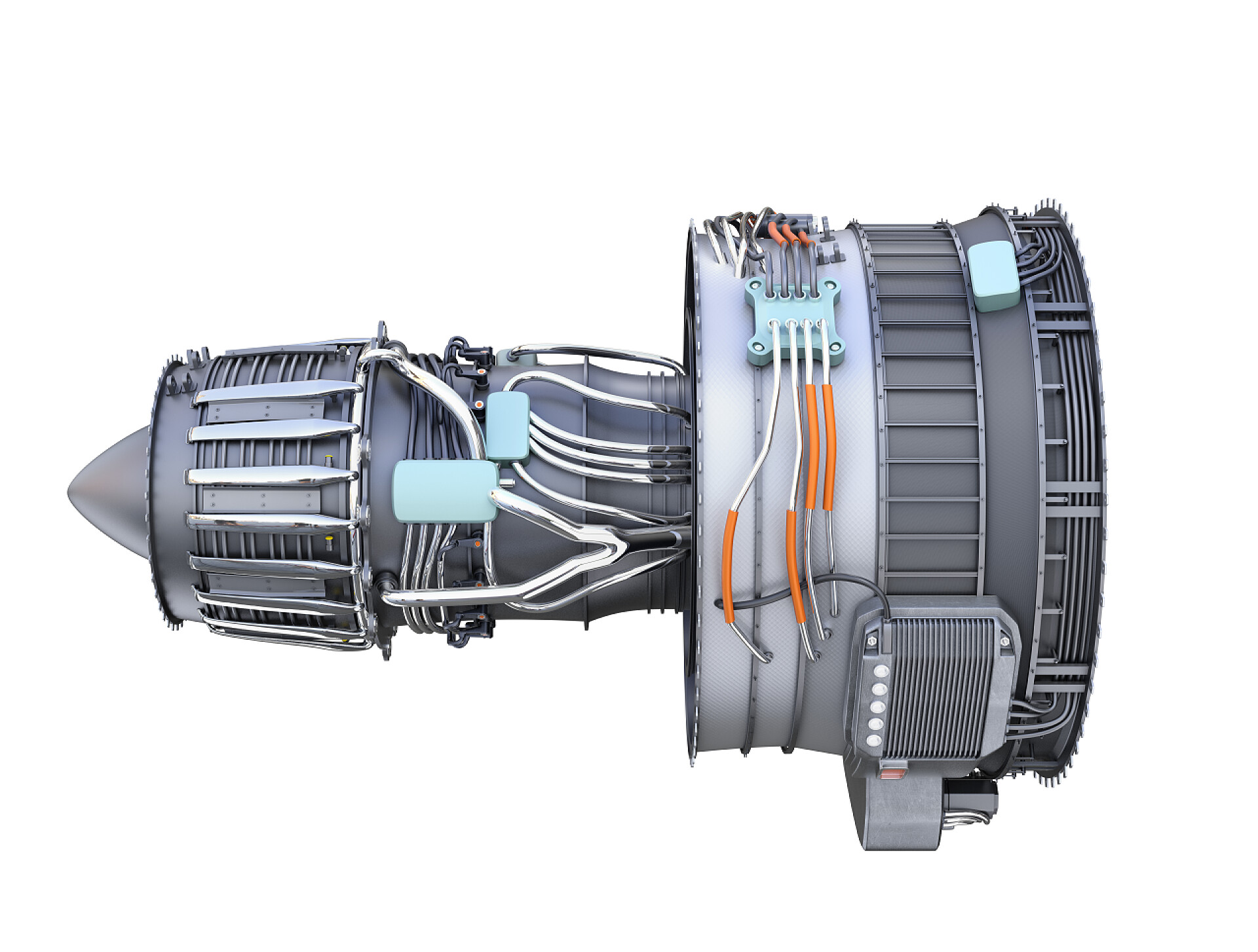 白色背景上涡扇喷气发动机白色背景上孤立的涡扇喷气发动机的侧视图