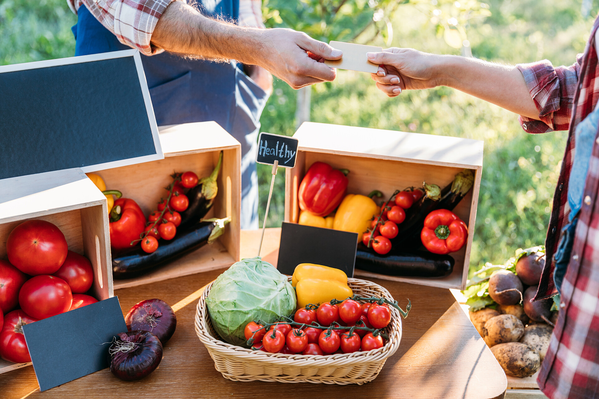 桌子上摆着蔬菜农民持空白卡