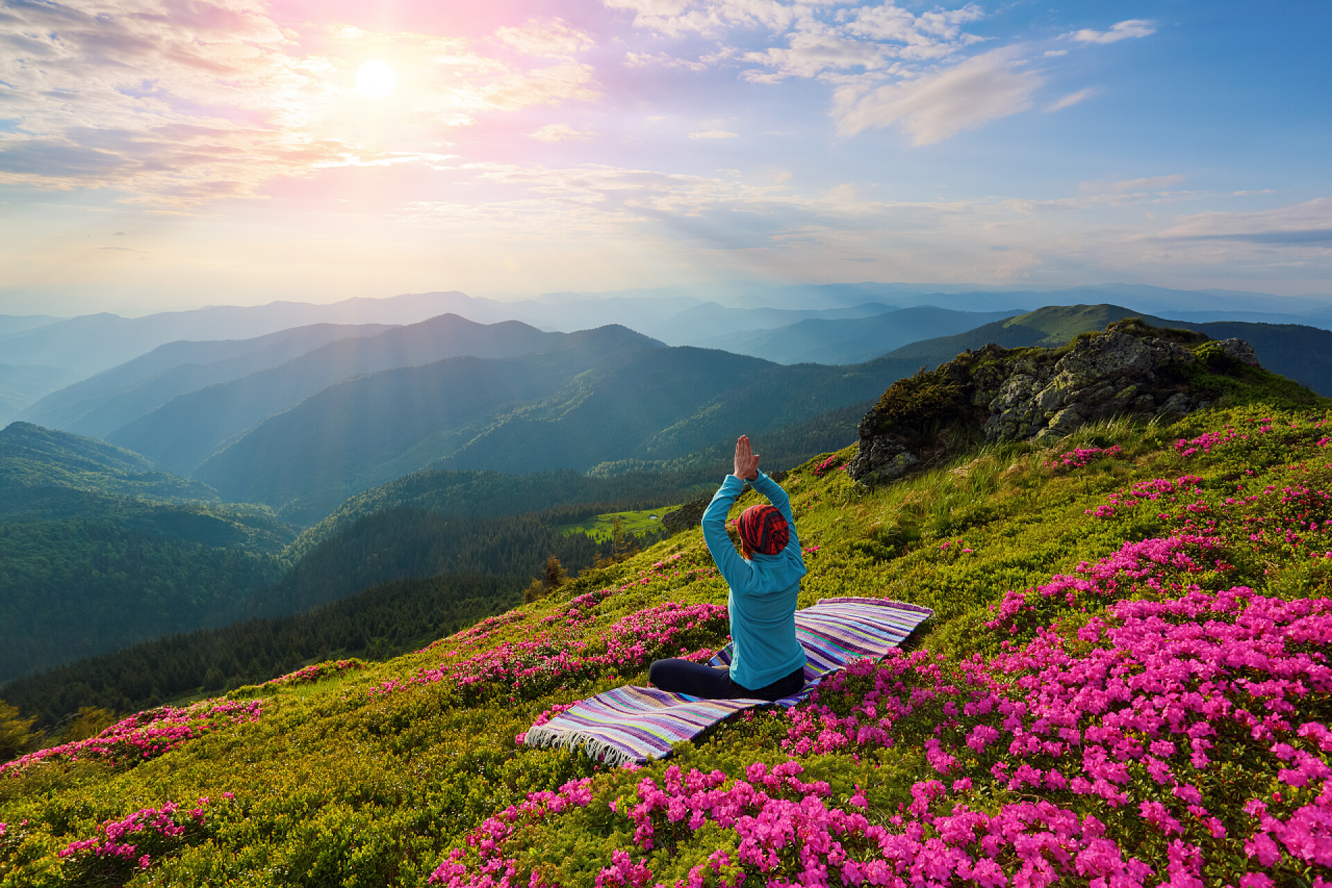 在草地上做瑜伽的美女背影粉红色的杜鹃花在草坪上那个女孩正坐在莲花姿势条纹地毯上 . 