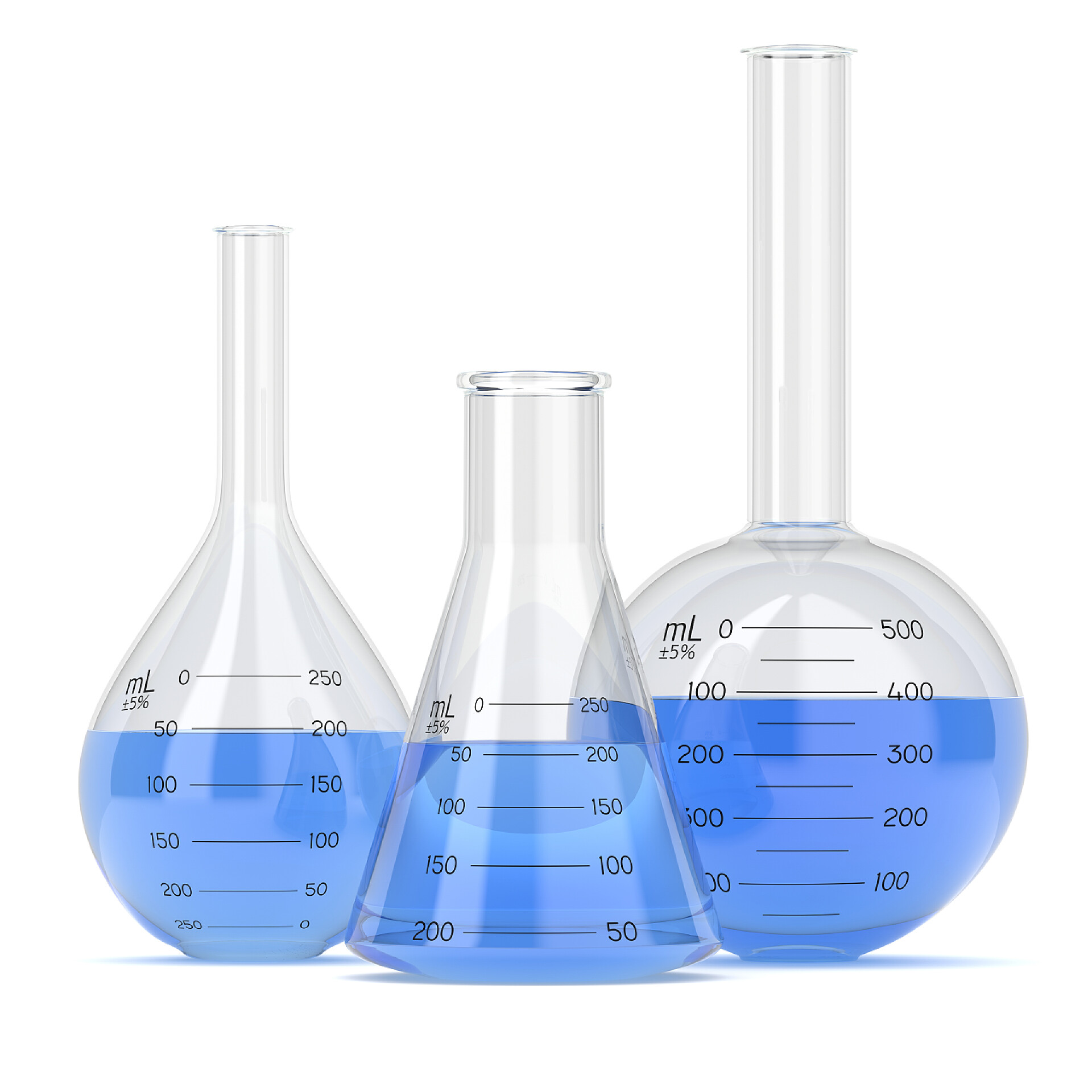 装满蓝色液体的量杯3d 渲染一套化学用具