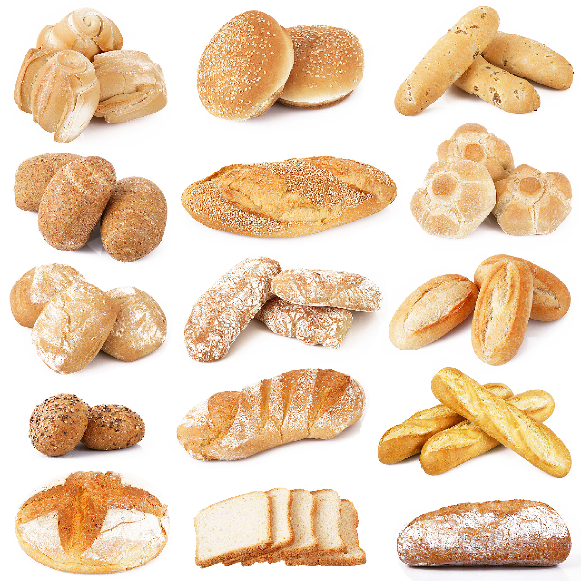 白色背景上的一堆面包仰视图