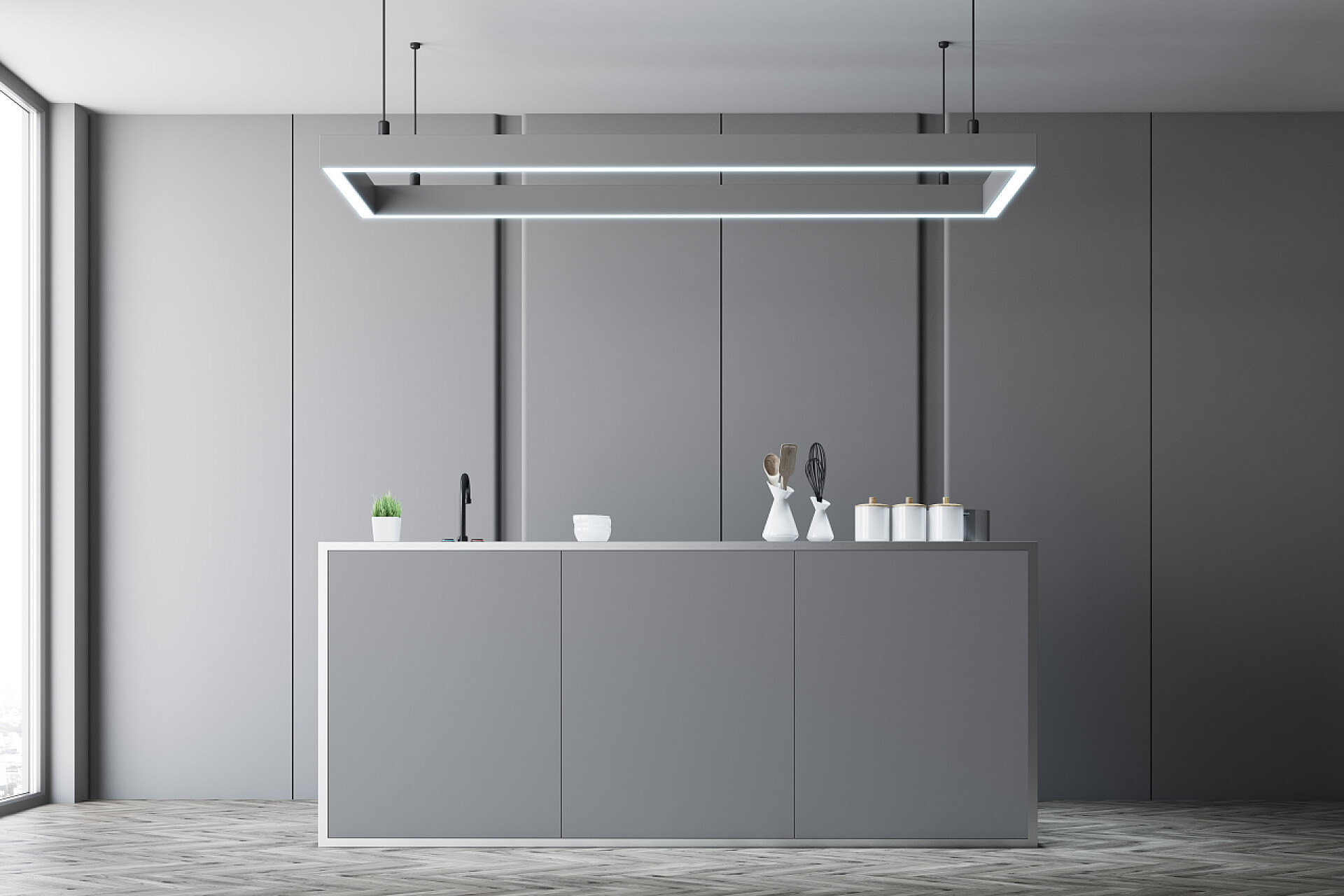 灰色背景的厨房灰色厨房内部, 台面