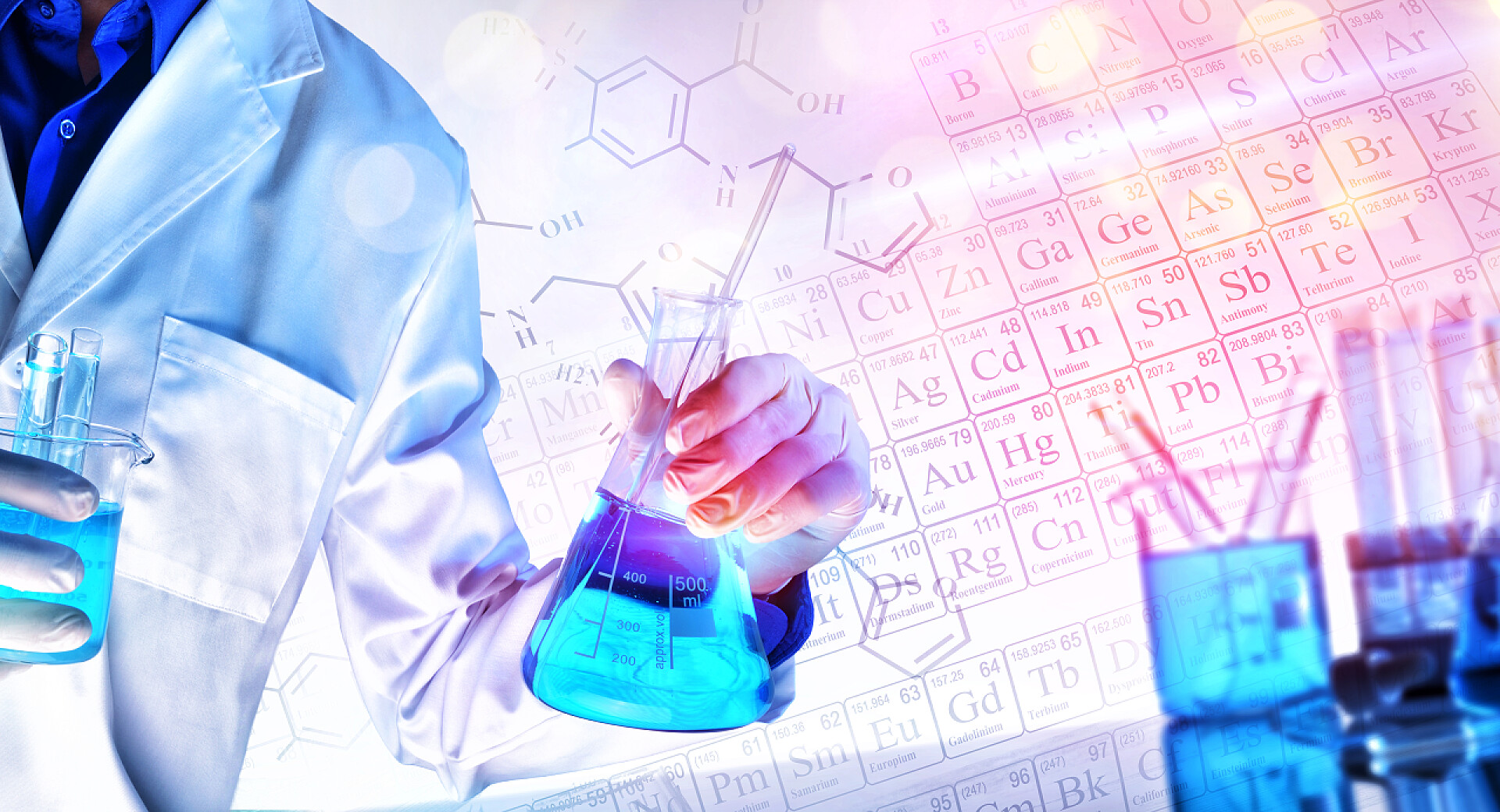 实验室内配置实验化学用品的男人化学科学教学理念与灯光的表征