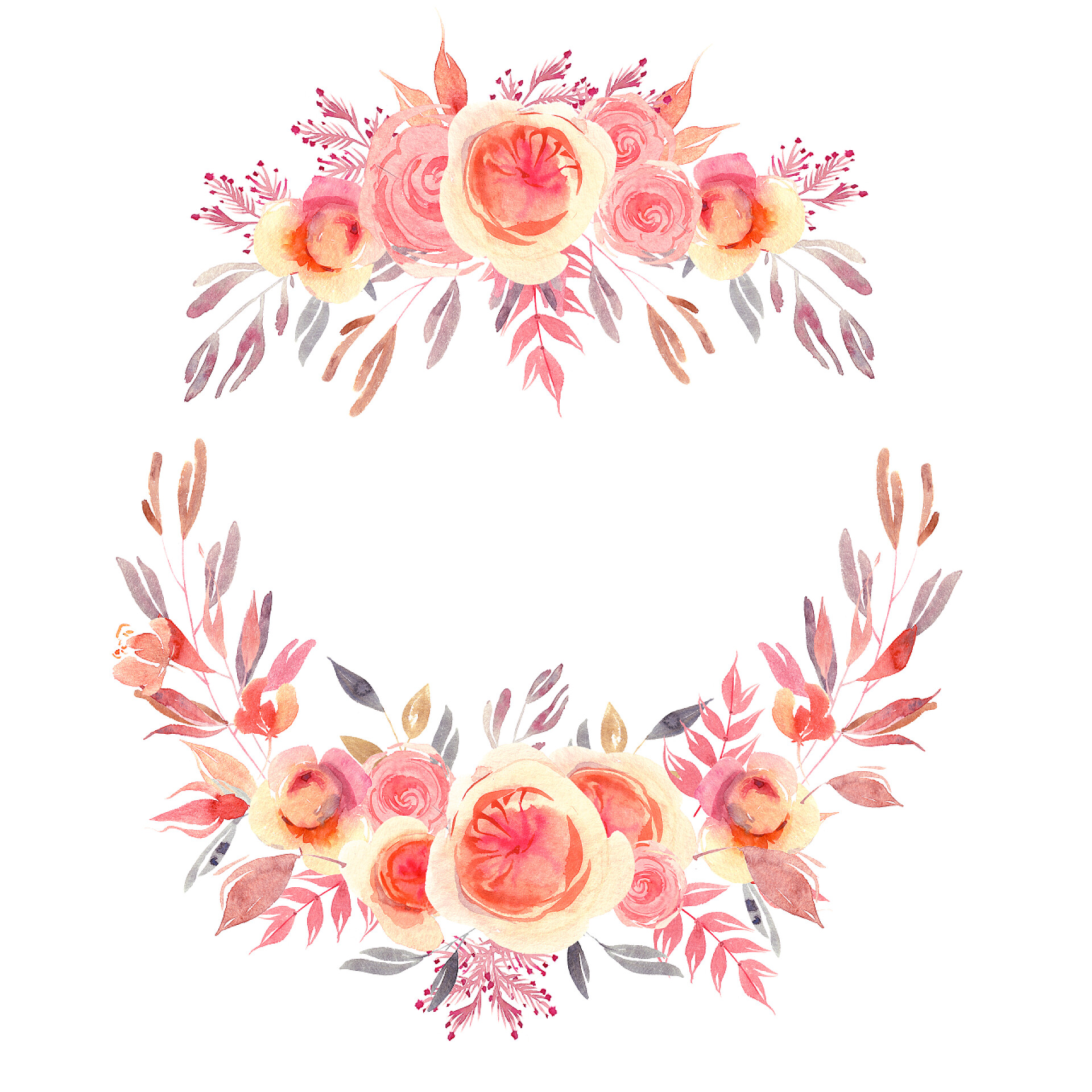 白色背景墙前的两排花朵和叶子水彩鲜花花束