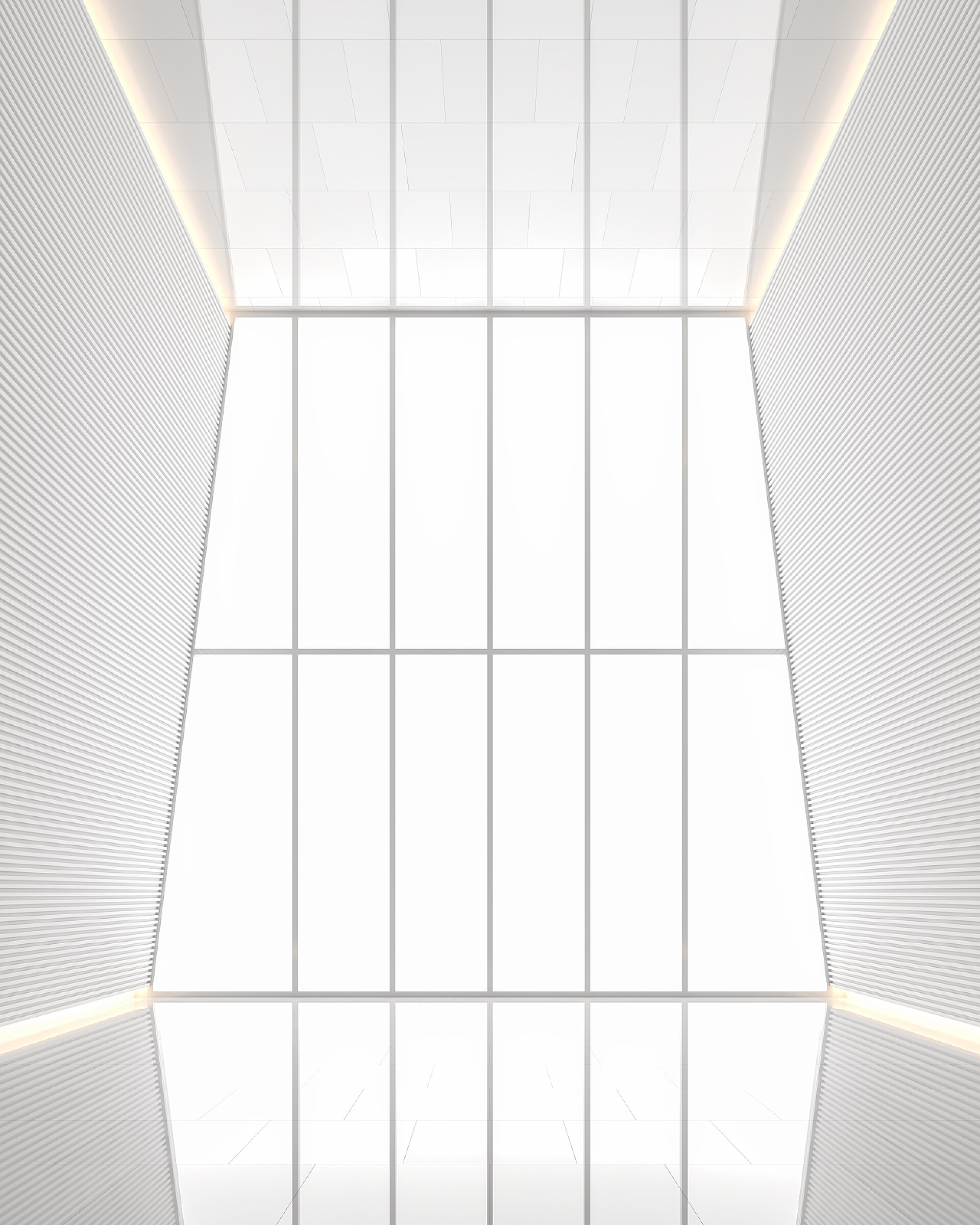 在白色房间内的光源空房间现代白色空间内部3d 渲染图像, 装饰墙面线图案。这房间有大窗户。看外面的风景.