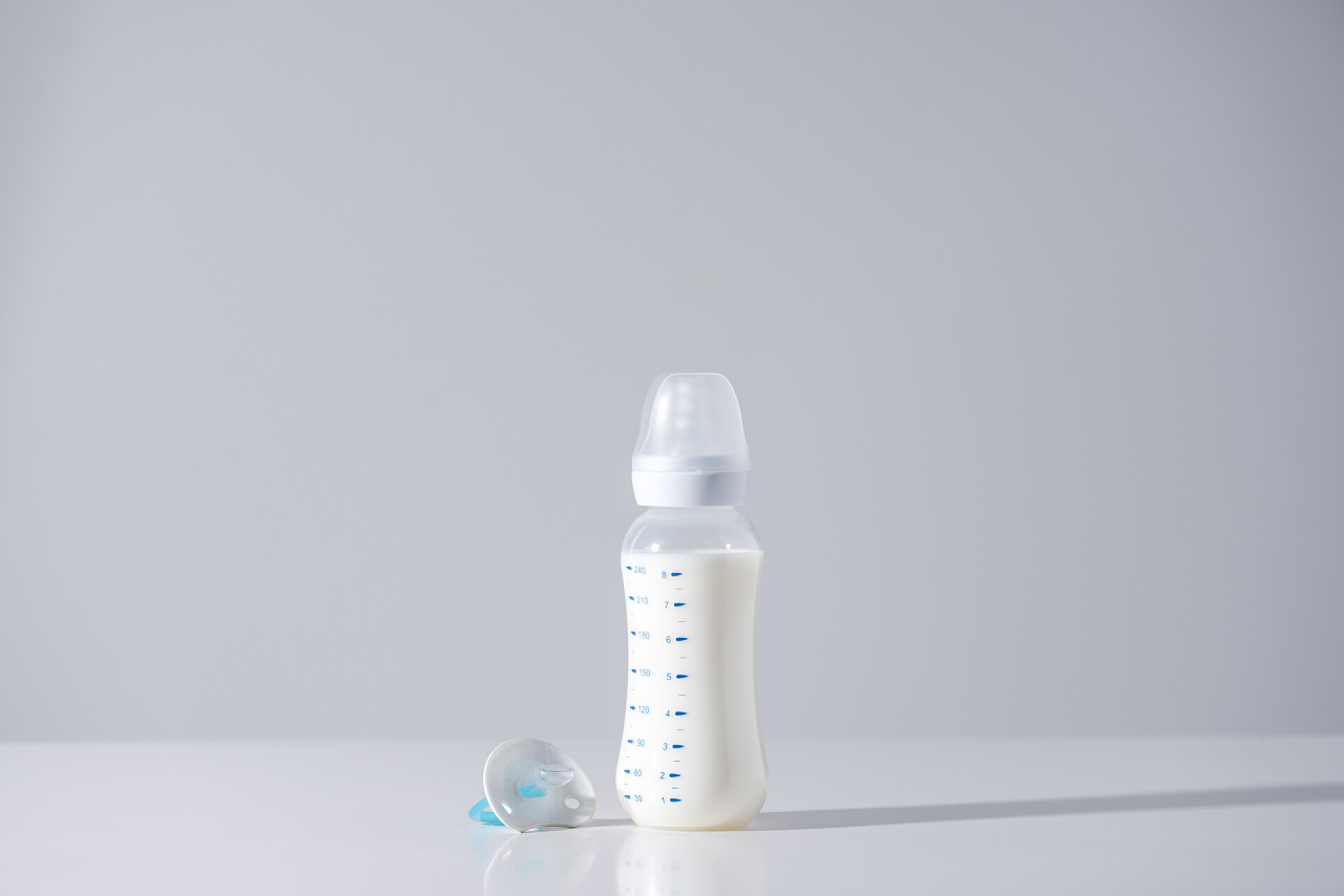 白色背景前的一个奶瓶塑料瓶与牛奶和奶嘴在灰色