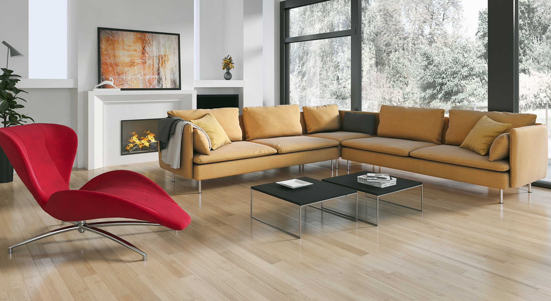 客厅的简约装修现代明亮的内饰。3d 渲染插图