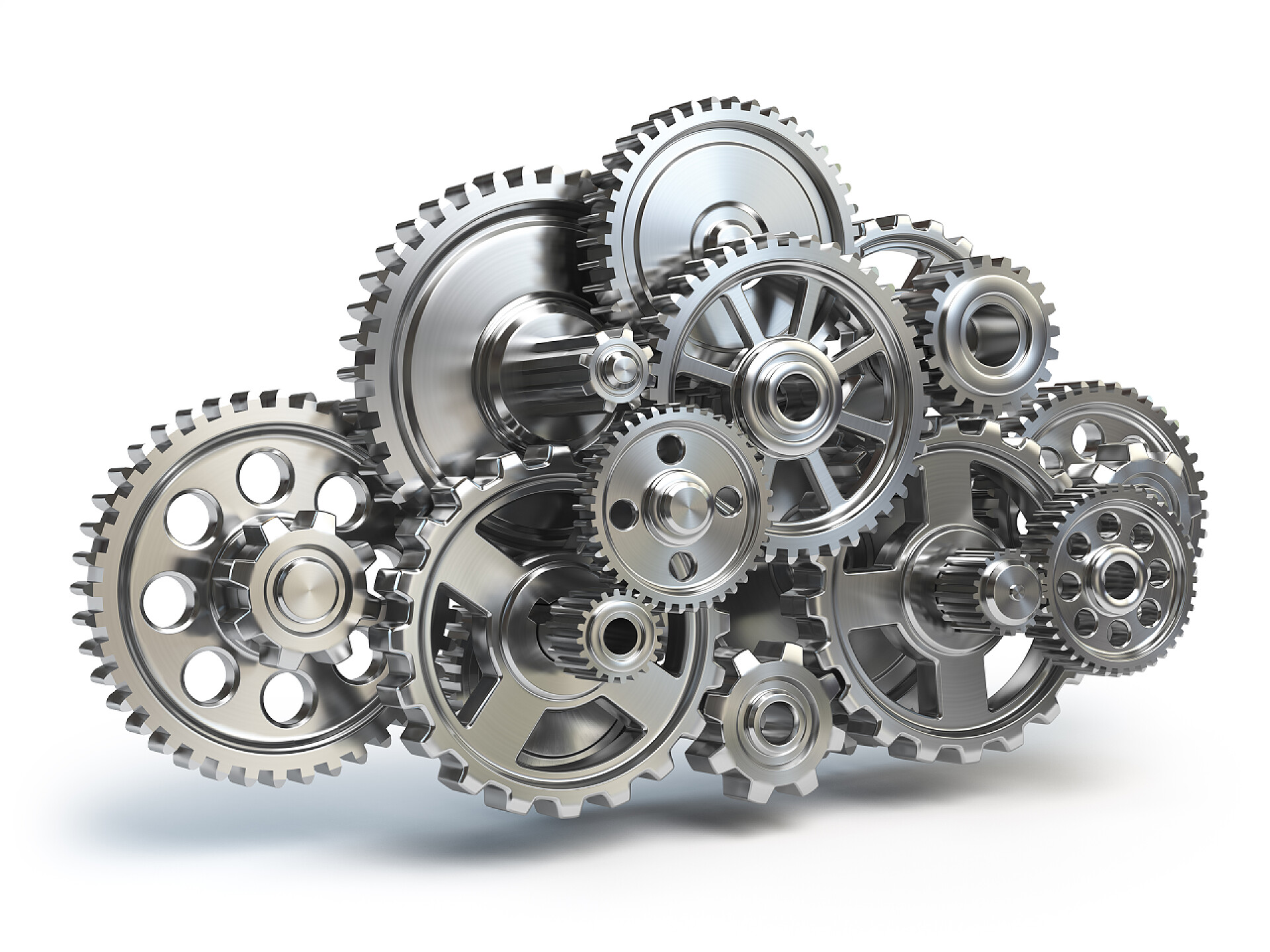 白色背景前的齿轮运作引擎齿轮以云彩的形式被隔绝在白色。云计算