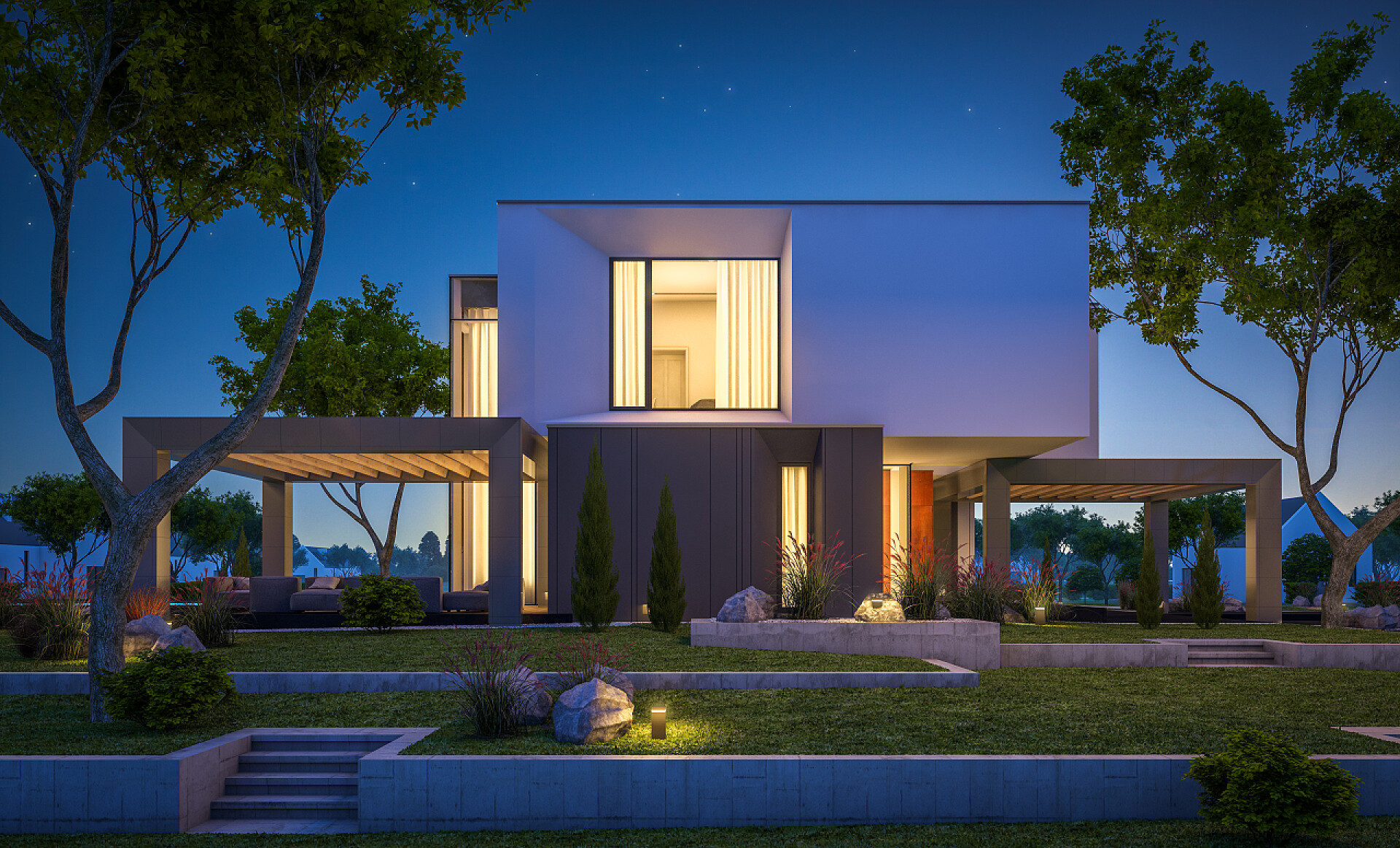 蓝天下的一栋别墅3d. 夜晚花园中现代住宅的渲染