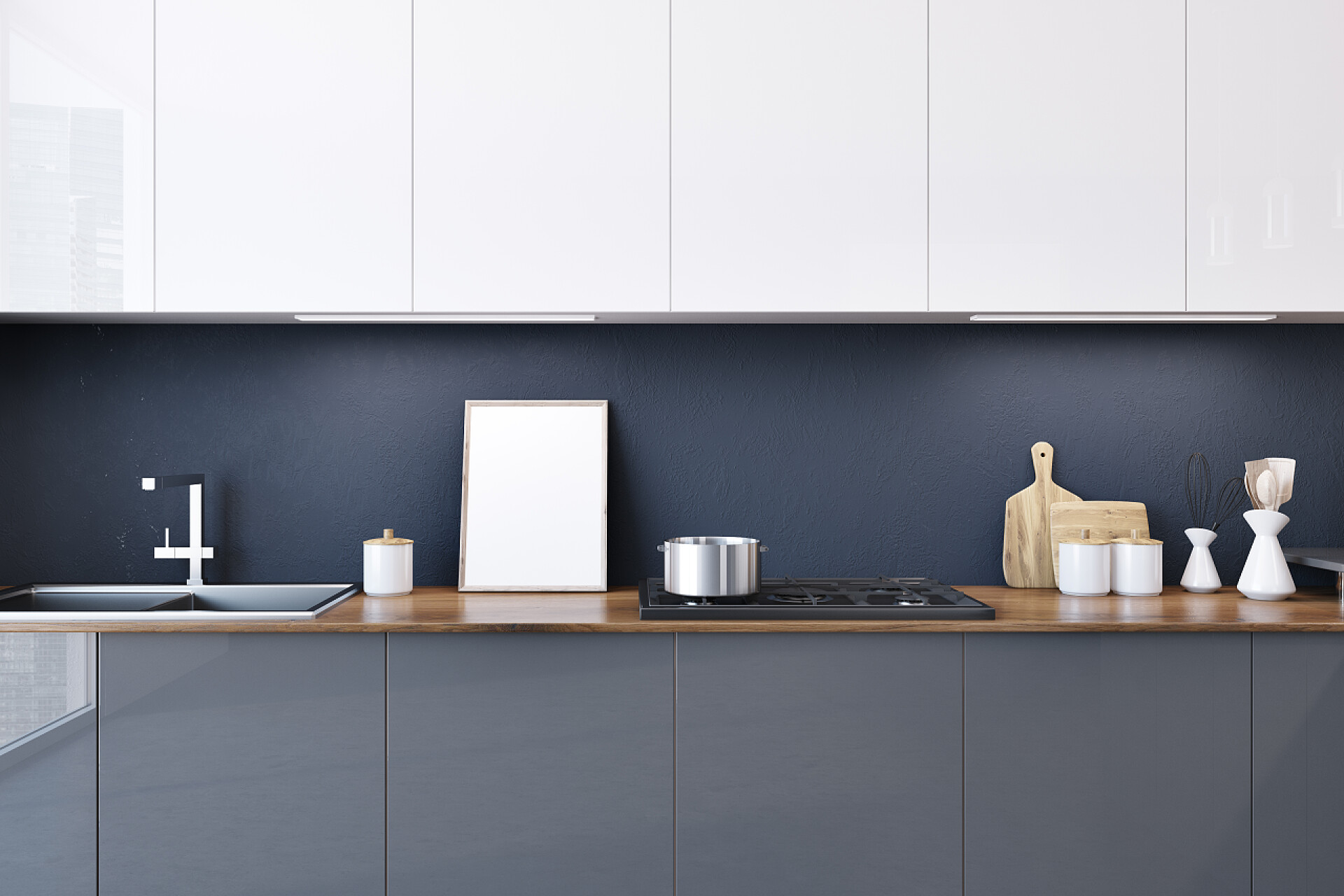 简约风格的卧室装修灰色厨房台面与内置的家电和一排白色橱柜挂在上面。一张镜框海报。3d 渲染模拟