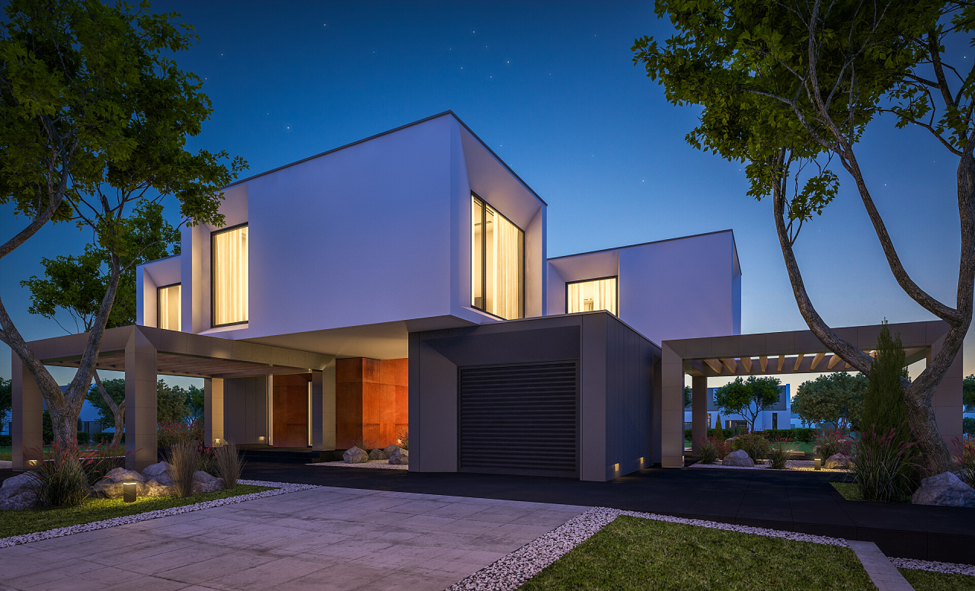 蓝天白云下的简约式别墅3d. 夜晚花园中现代住宅的渲染