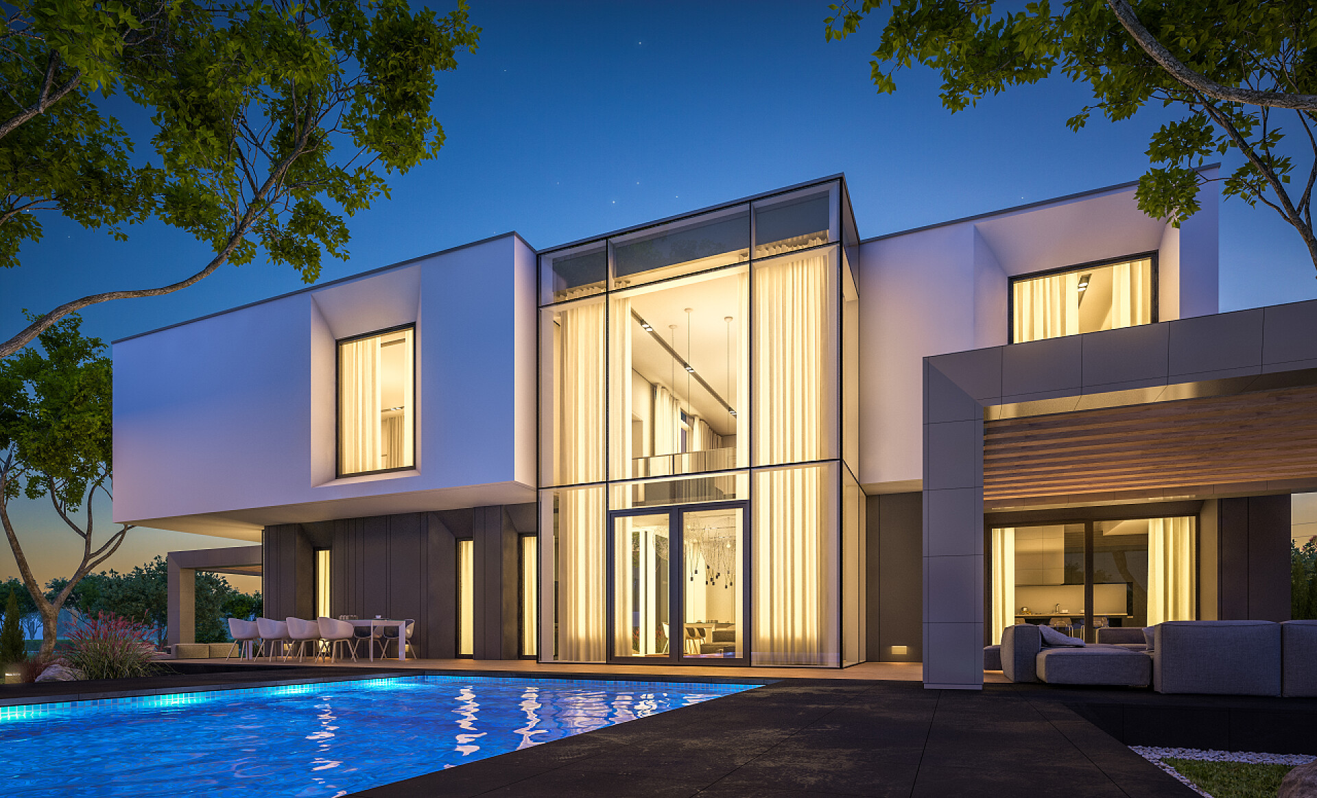 在蓝天下的一座豪华别墅3d. 夜晚花园中现代住宅的渲染