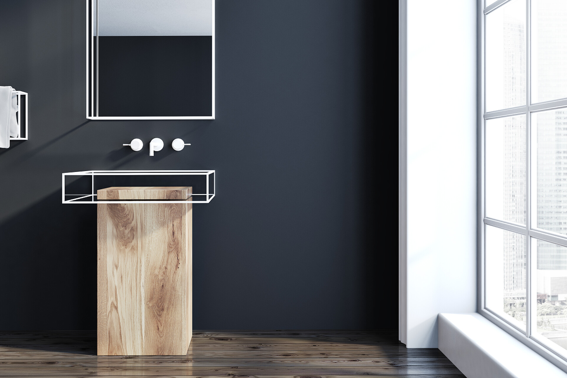 黑色背景下的洗手池未来的浴室内部有黑色的墙壁, 一个玻璃和木水槽, 一面镜子和一个窗口。3d 渲染模拟