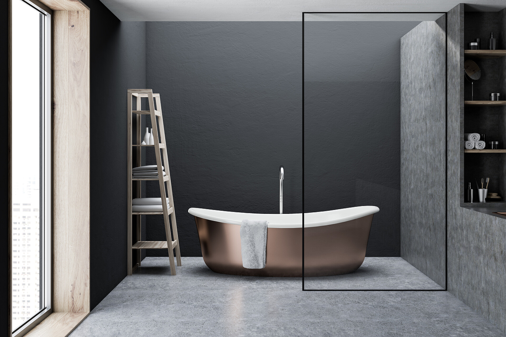 黑色风格的浴室青铜浴缸里挂着一条毛巾, 它站在一层简约的灰色墙浴室的水泥地板上。3d 渲染模拟