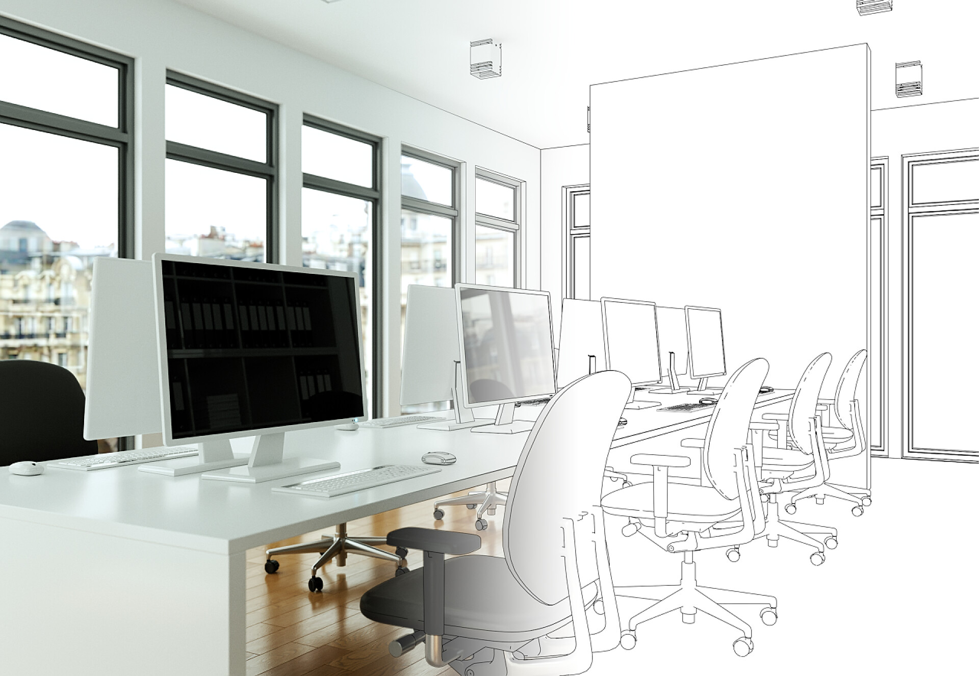 在办公室内真实的情形和3d打印图室内设计办公室绘图分级成照片