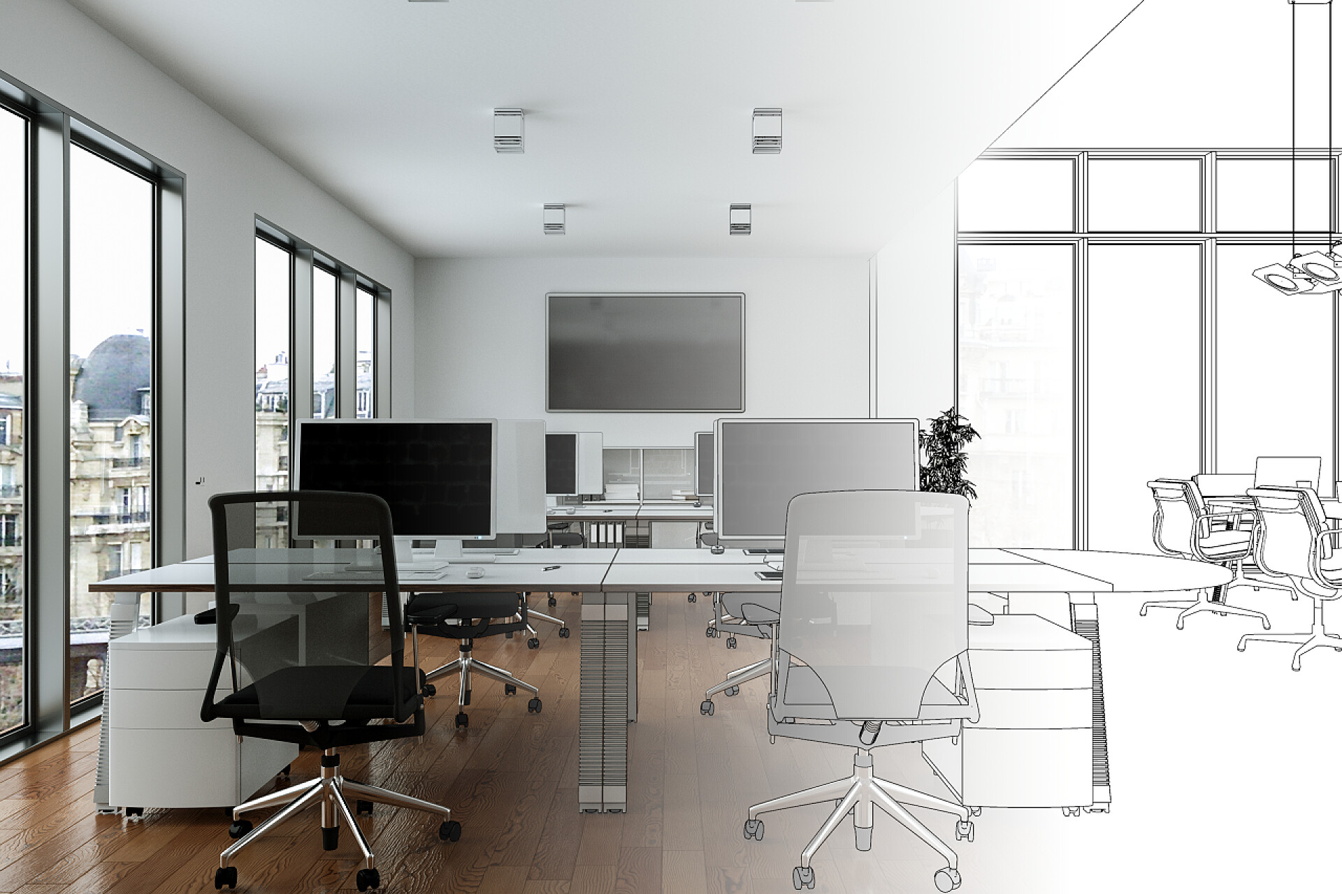 办公室内的真实图景和3d打印图片室内设计办公室绘图分级成照片