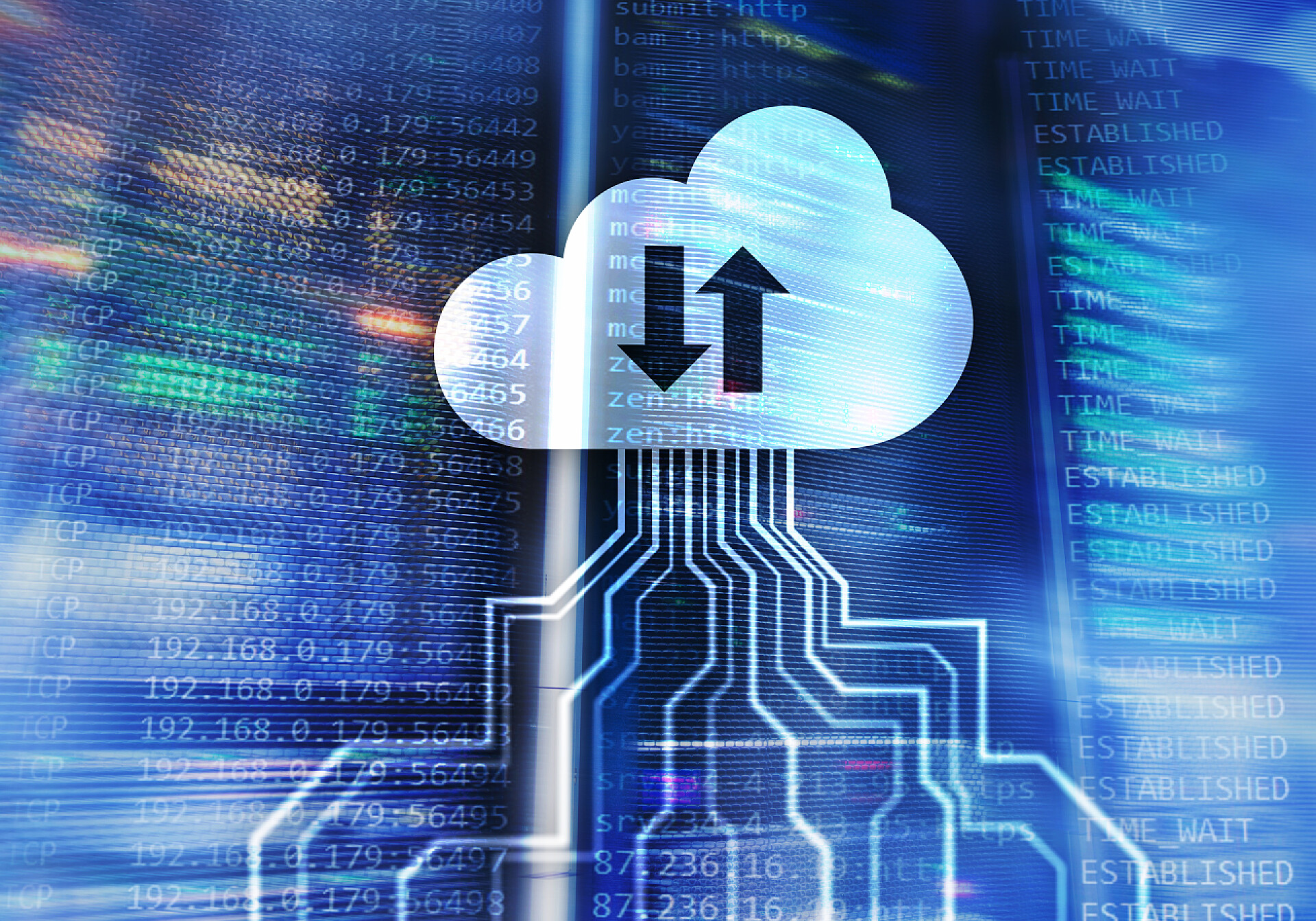 蓝色背景下的信息网信息和通信技术概念在服务器室背景。信息和通信技术在服务器机房背景下的概念.