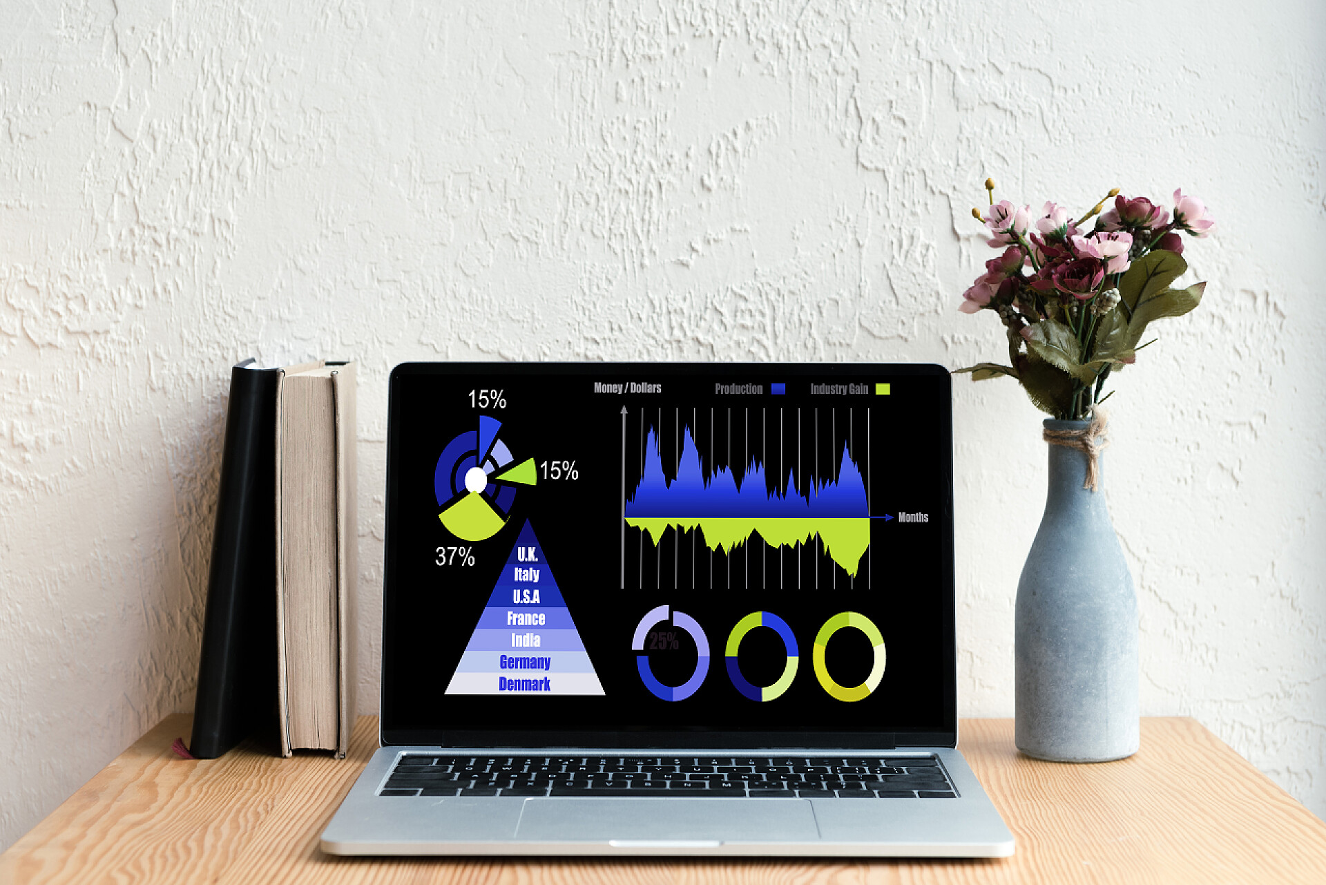 白色墙壁前的笔记本电脑带商业图的笔记本电脑, 桌上花瓶上的书和花