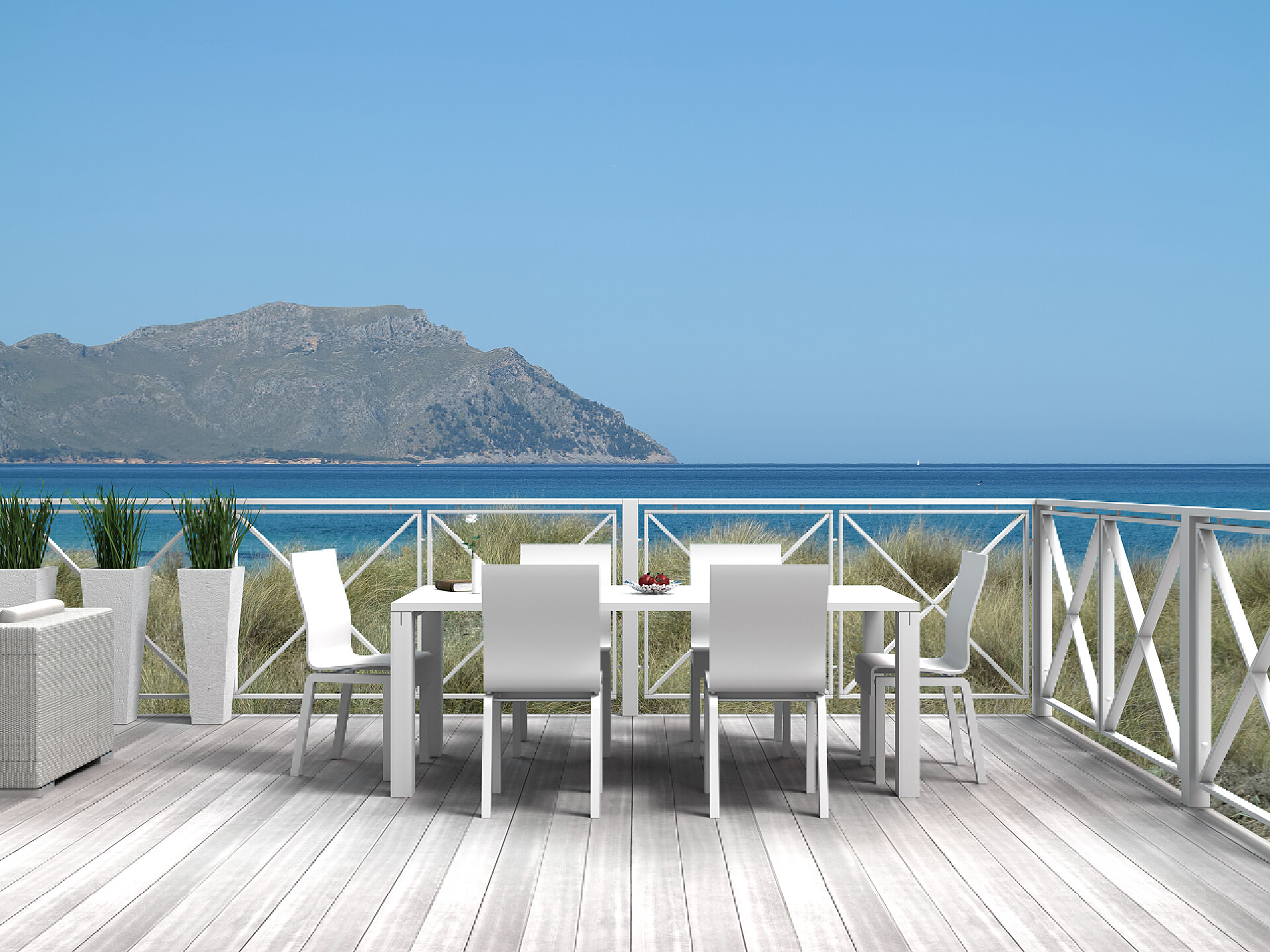 蓝天白云下的露台夏天的假期在一个露台在沙丘上的海洋和岛屿的看法