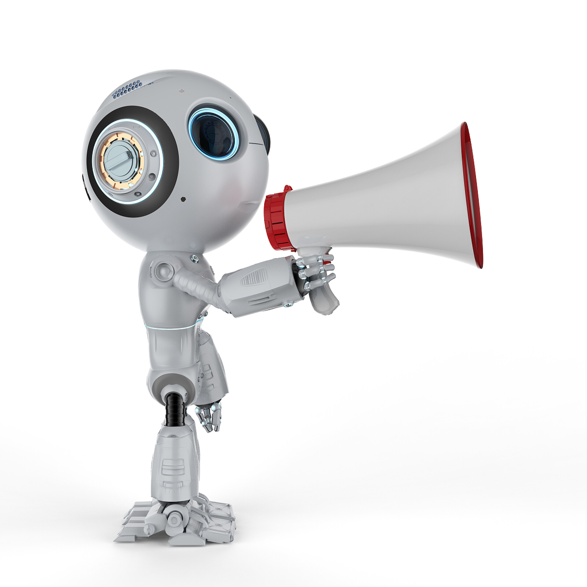 白色背景下一个白色机器人拿着喇叭在说话3d 渲染可爱的人工智能机器人持有扩音器