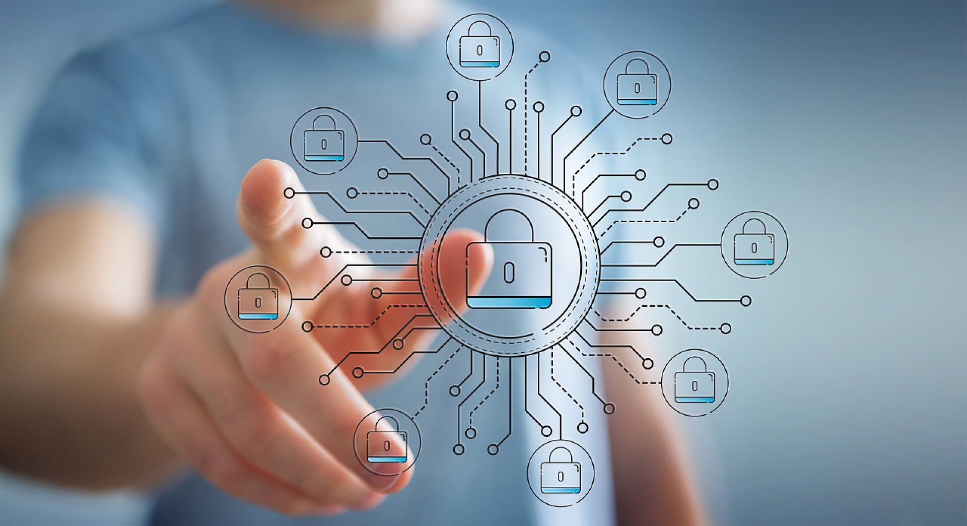 在模糊的背景上一个男人的手模糊背景下的商人用细线安全接口保护数据