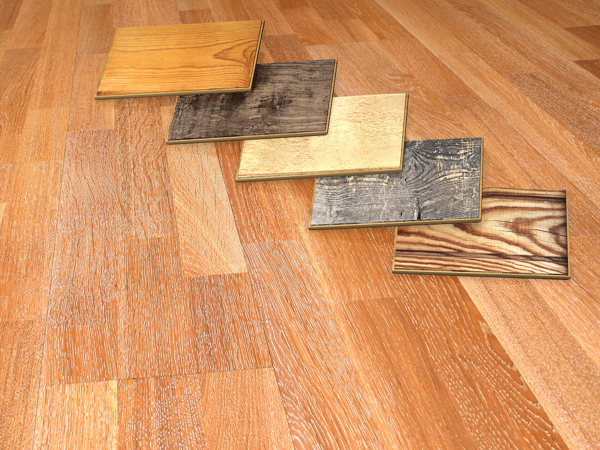 在木质地板上的五块不同花色的地板新厚木板的橡木实木复合地板仿古纹理在木地板上的不同颜色。3d 渲染