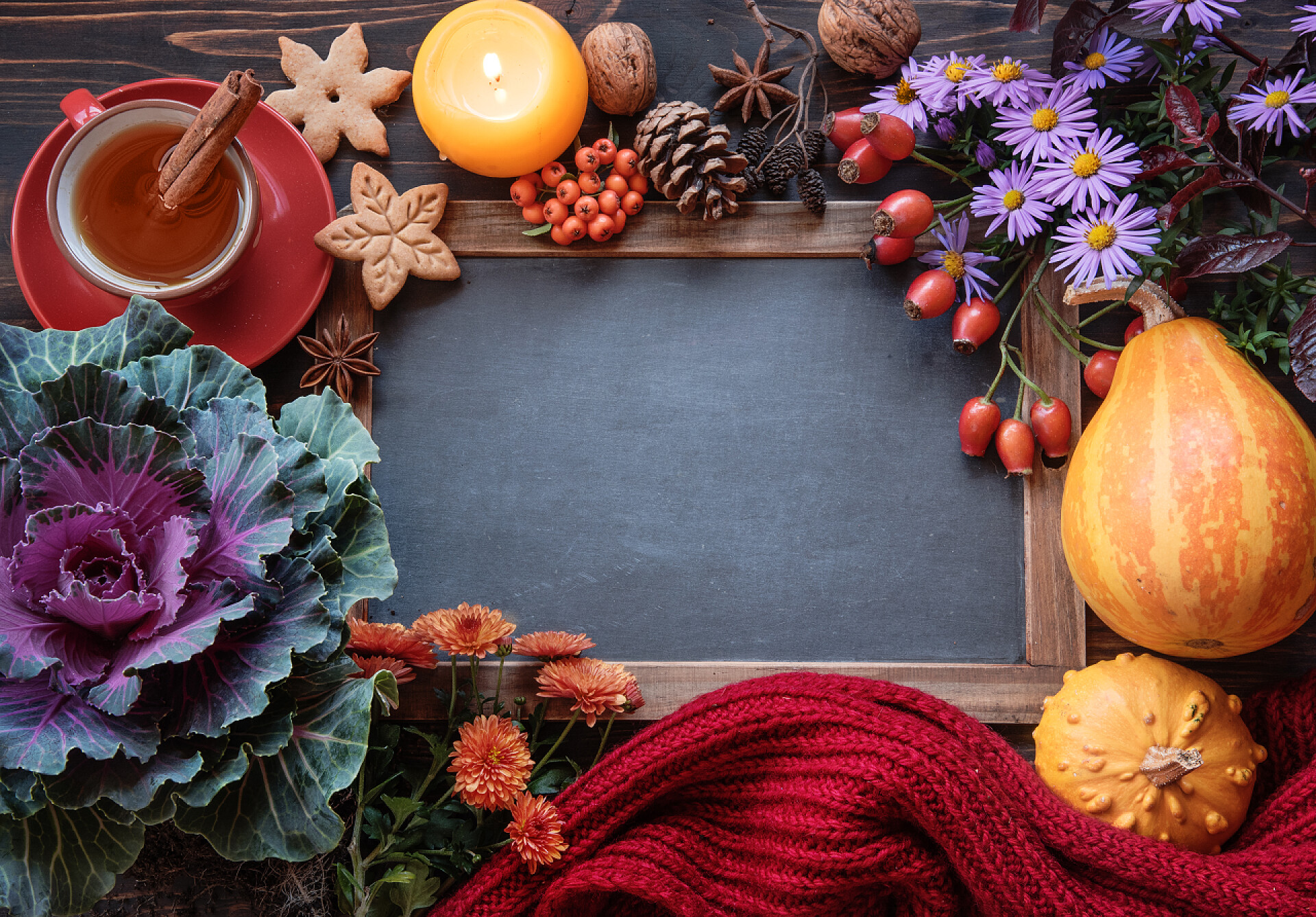 在黑色板子上的花朵和蔬菜秋花杯茶和感恩节装饰, 地方文本