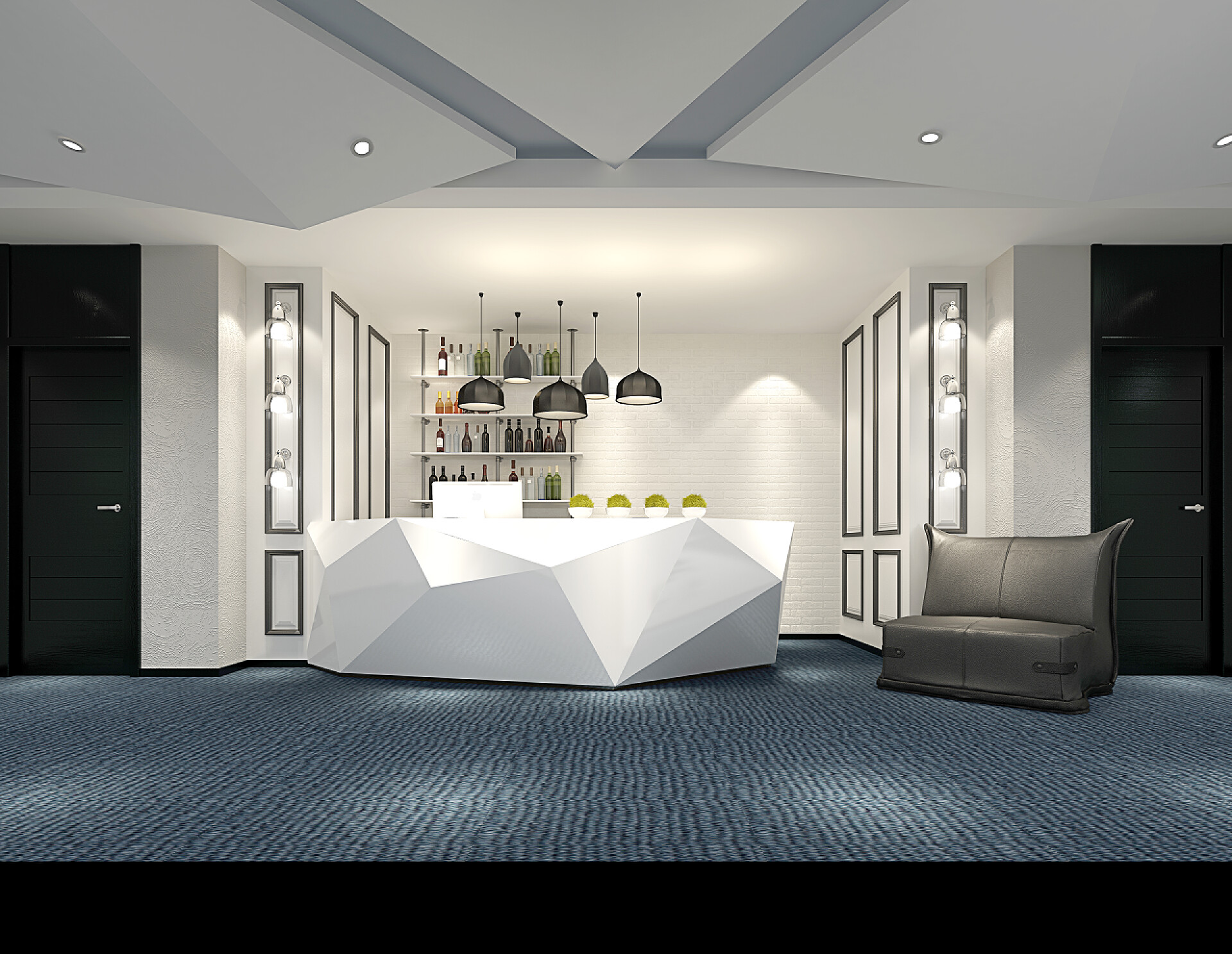 简约的接待前台装修3d 渲染豪华酒店大堂接待处