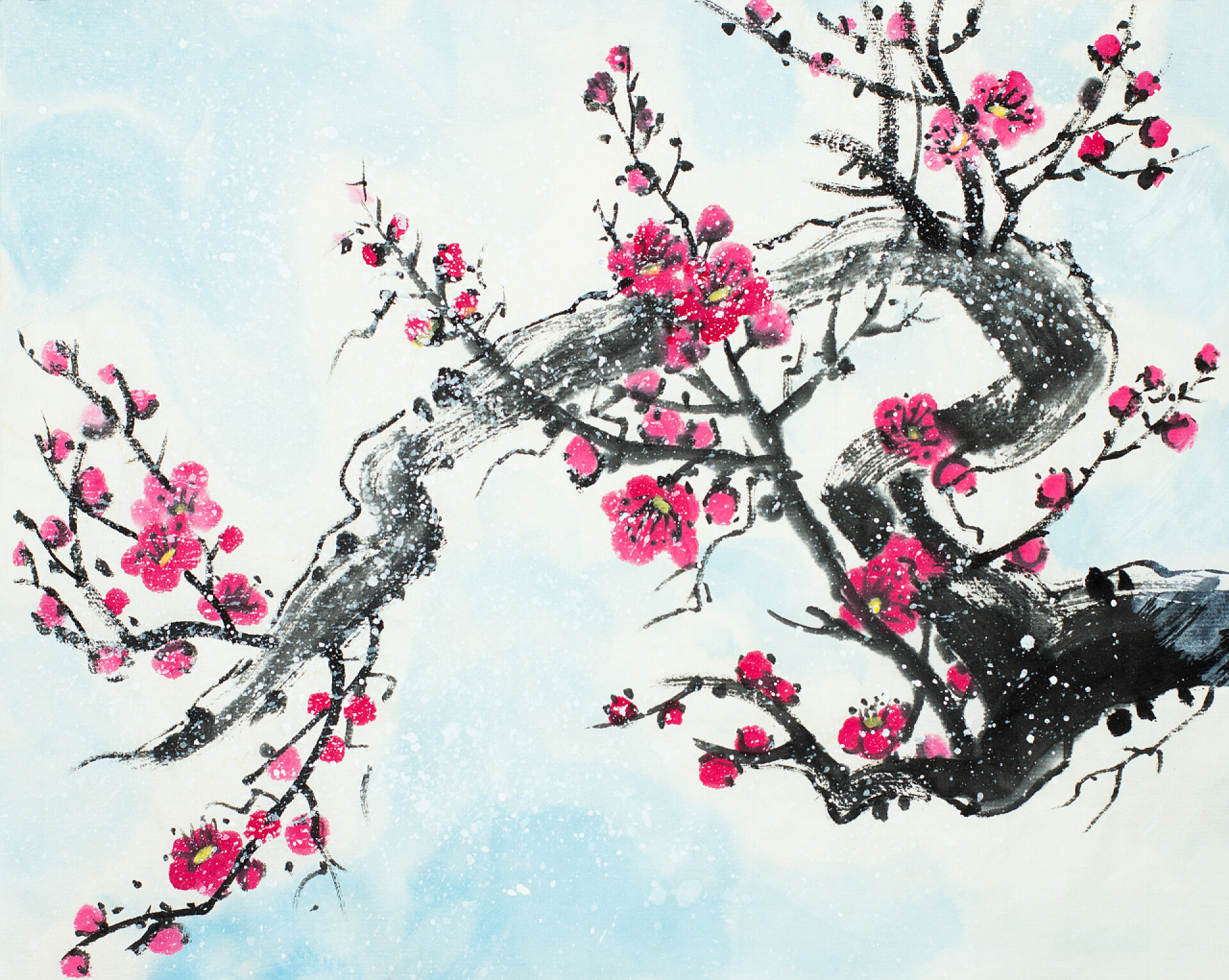 蓝色背景下的梅花和树枝在轻的背景的雪之下的李子分支