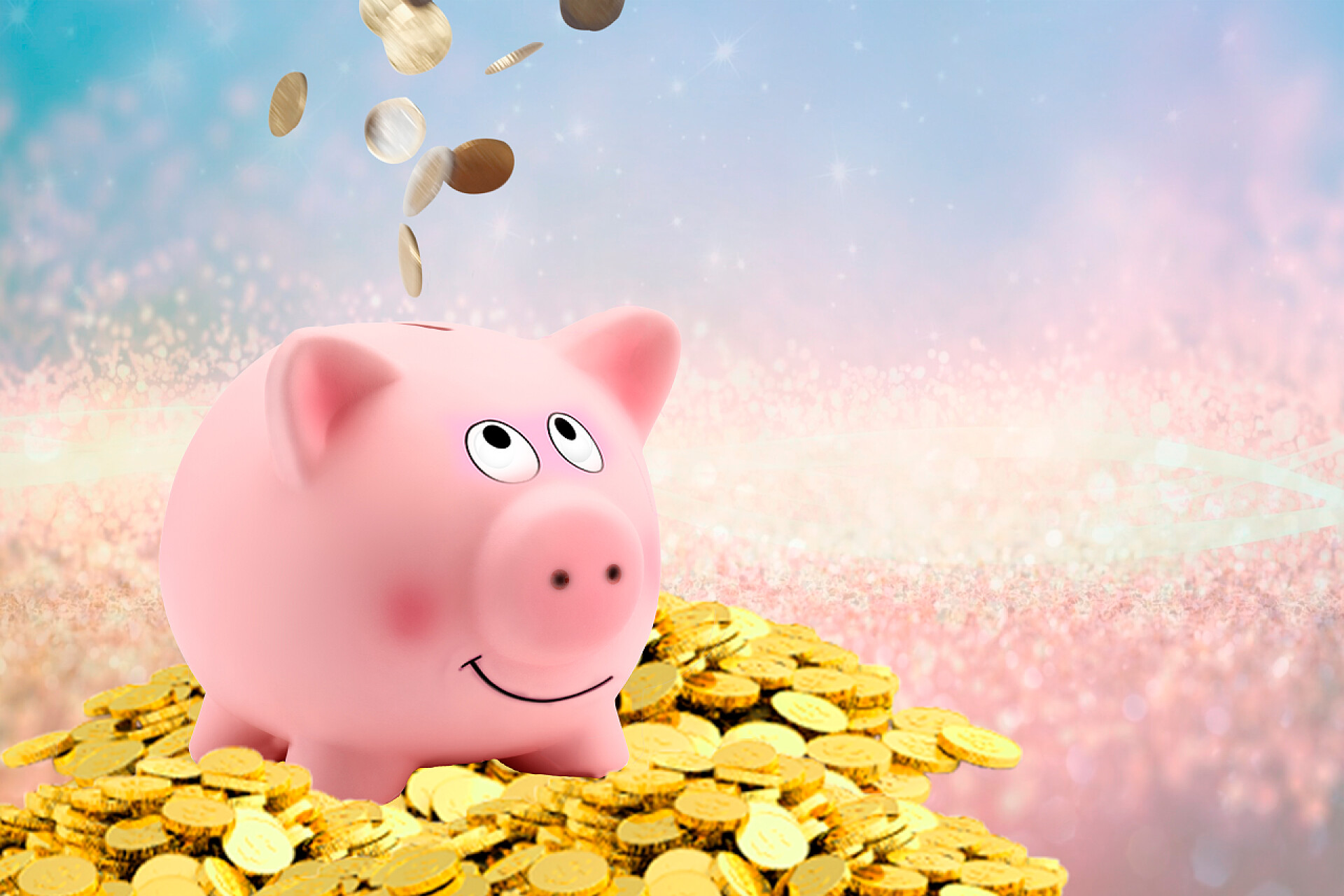 蓝粉光束下的粉色存钱罐小猪和金币2019年是猪年, 黄金存钱罐与冬季背景, 书法翻译: 良好的祝福保存和财富