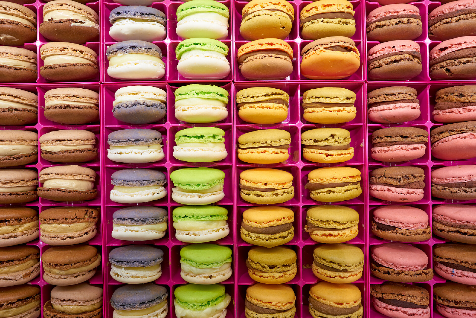 粉色的夹层里展示着各种各样的马卡龙展示的马卡龙镜头